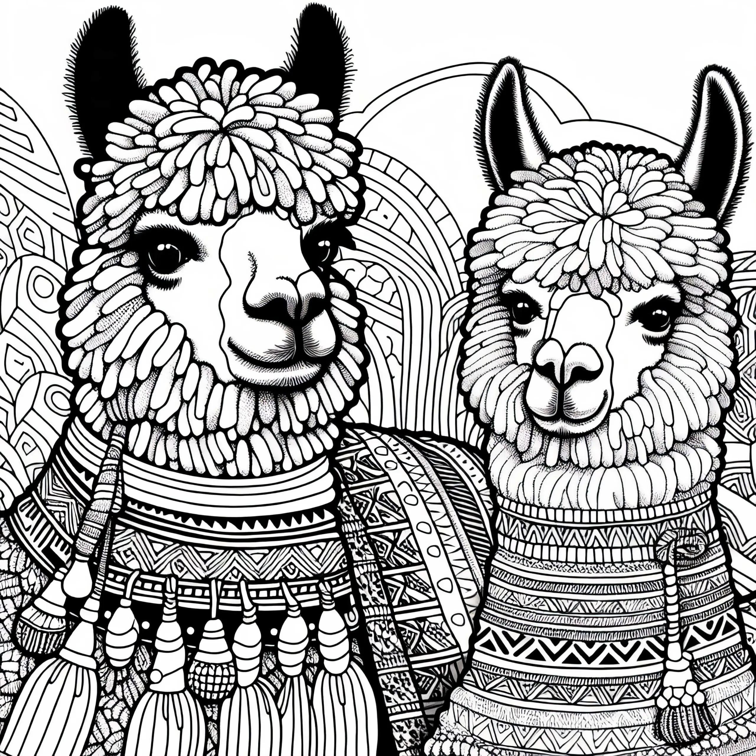 Alpakas mit bunter Decke und Halsschmuck im Anden-Stil – Folkloristisch geschmückt Ausmalbild kostenlos