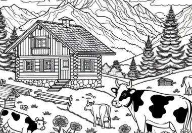Alpen mit Hütte, Kühen und Bergblumen – Malvorlage aus Europa kostenlos zum Download