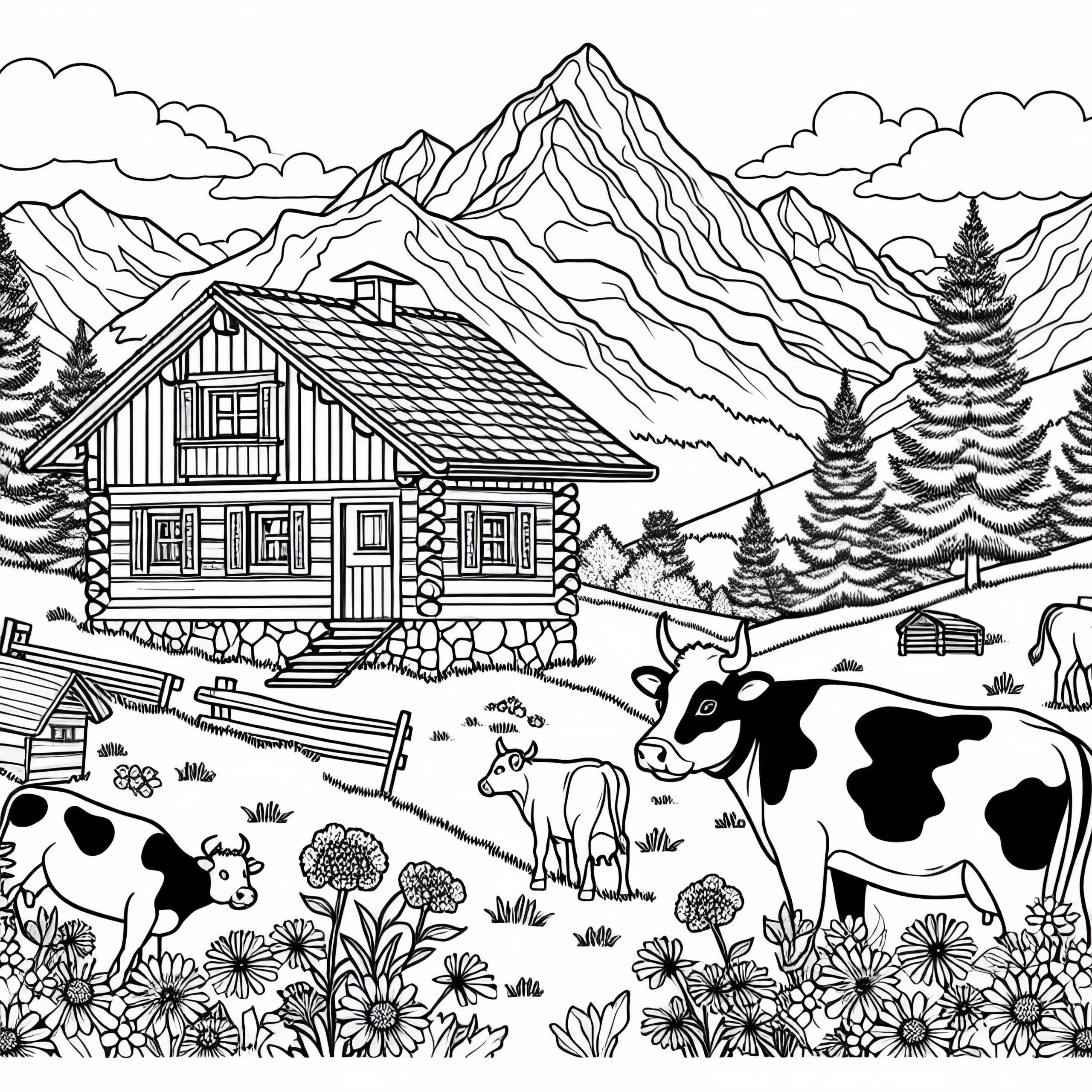 Alpen mit Hütte, Kühen und Bergblumen – Malvorlage aus Europa kostenlos zum Download (Ausmalbild)