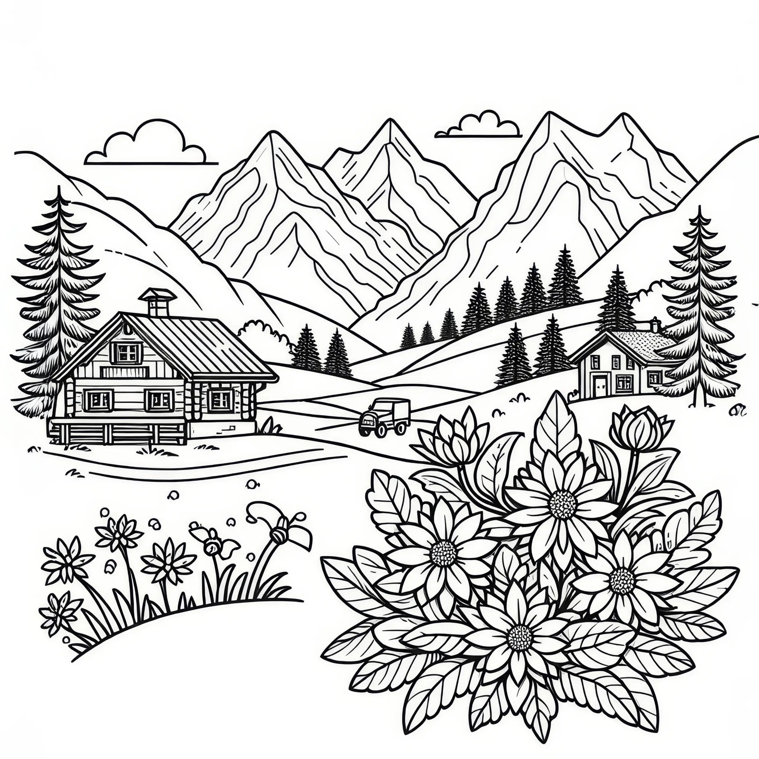 Alpenlandschaft mit Bergen, Hütten und Edelweißblumen: Malvorlage zum Oktoberfest (Kostenlos) (Ausmalbild)