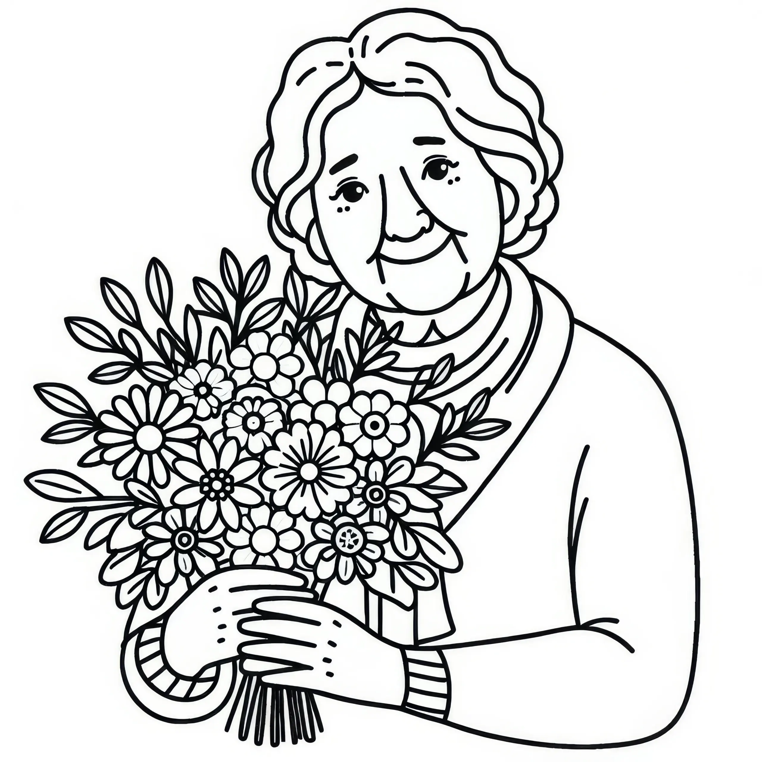 Alte Frau mit Blumenstrauß zum Frauentag: Einfache Malvorlage kostenlos herunterladen (Ausmalbild)