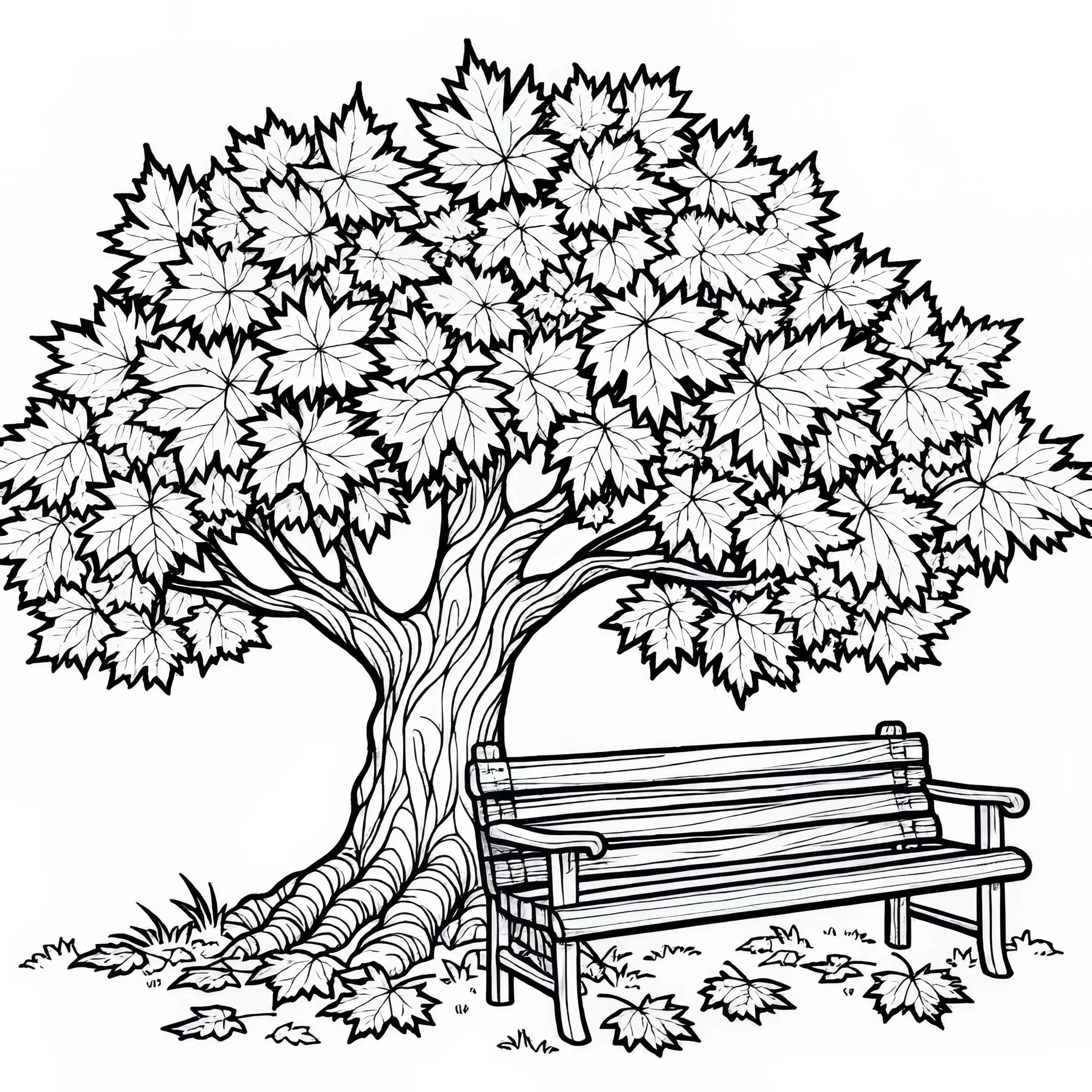 Alte Holzbank unter Ahornbaum voller Laub Malvorlage Herbst gratis (Ausmalbild)