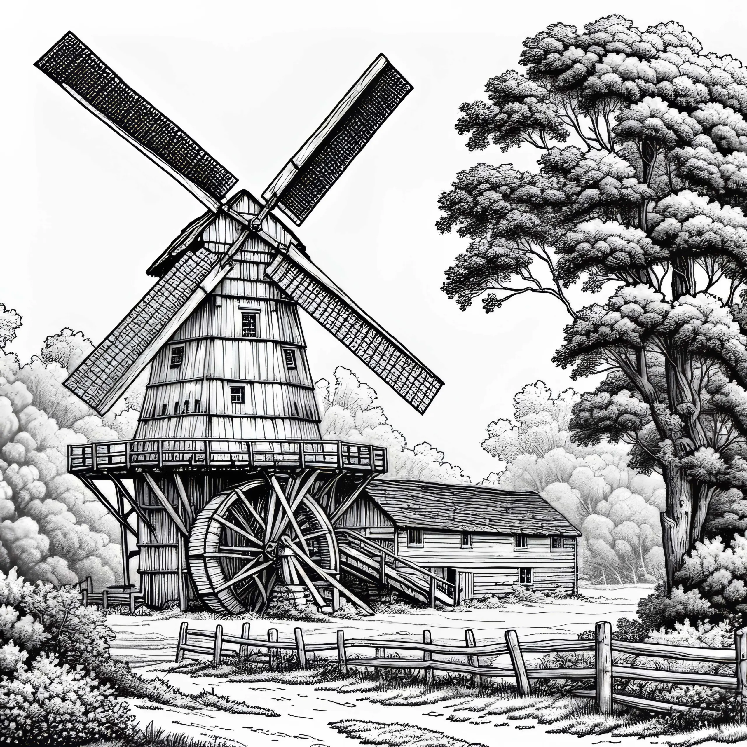 Alte Mühle mit Holzgebälk als Ausmalbild kostenlos