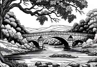 Alte Steinbrücke über Fluss – Ausmalbild gratis