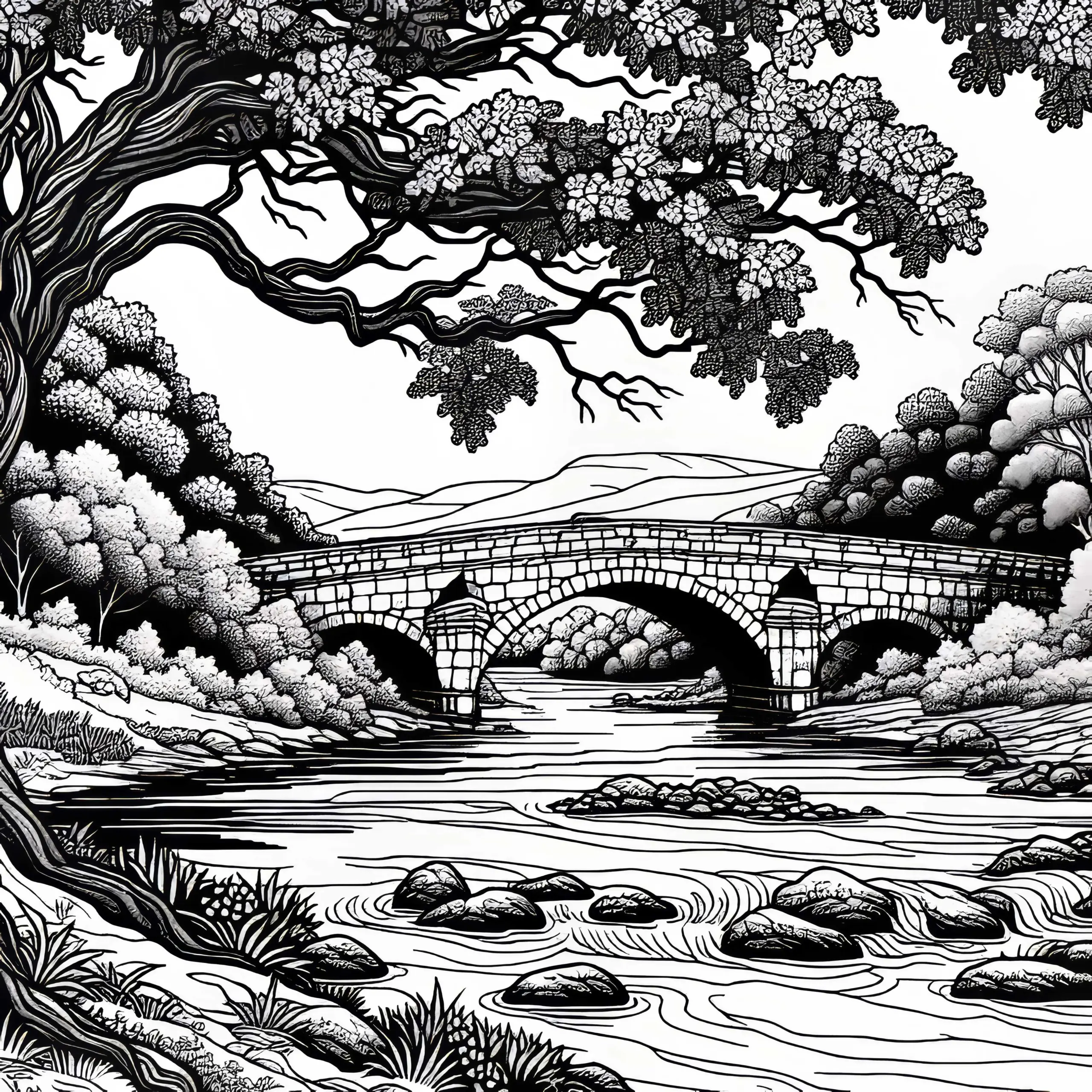 Alte Steinbrücke über Fluss – Ausmalbild gratis