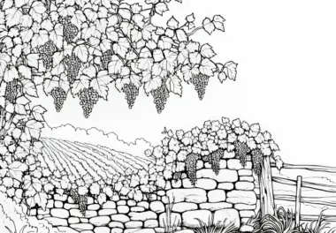 Alte Steinmauer mit Weinranken auf Weinberg – Ausmalbild gratis