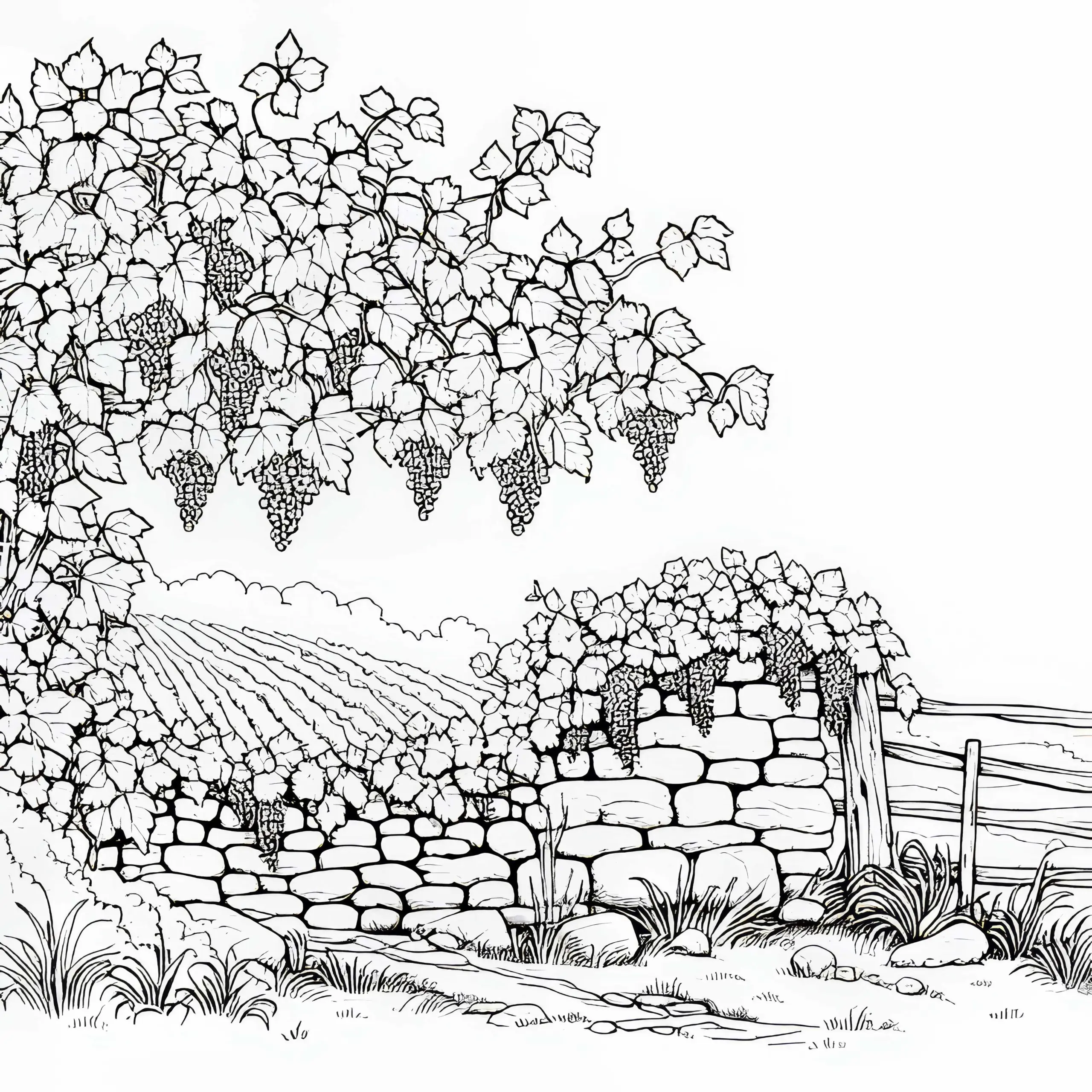 Alte Steinmauer mit Weinranken auf Weinberg – Ausmalbild gratis