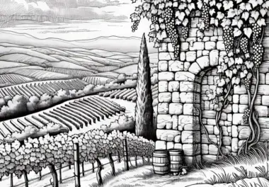 Alte Steinmauer mit Weinranken auf Weinberg Malvorlage Kostenlos