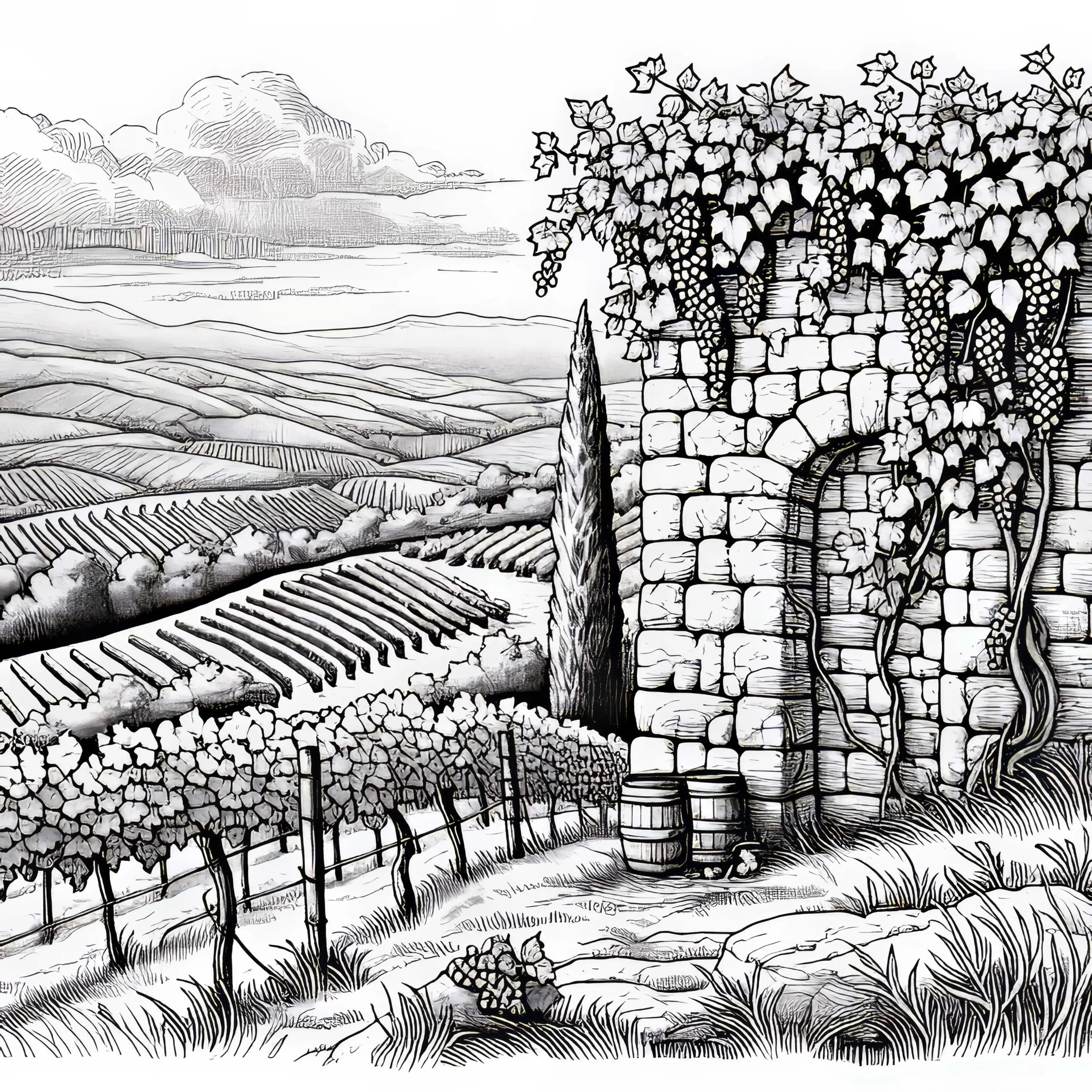 Alte Steinmauer mit Weinranken auf Weinberg Malvorlage Kostenlos (Ausmalbild)