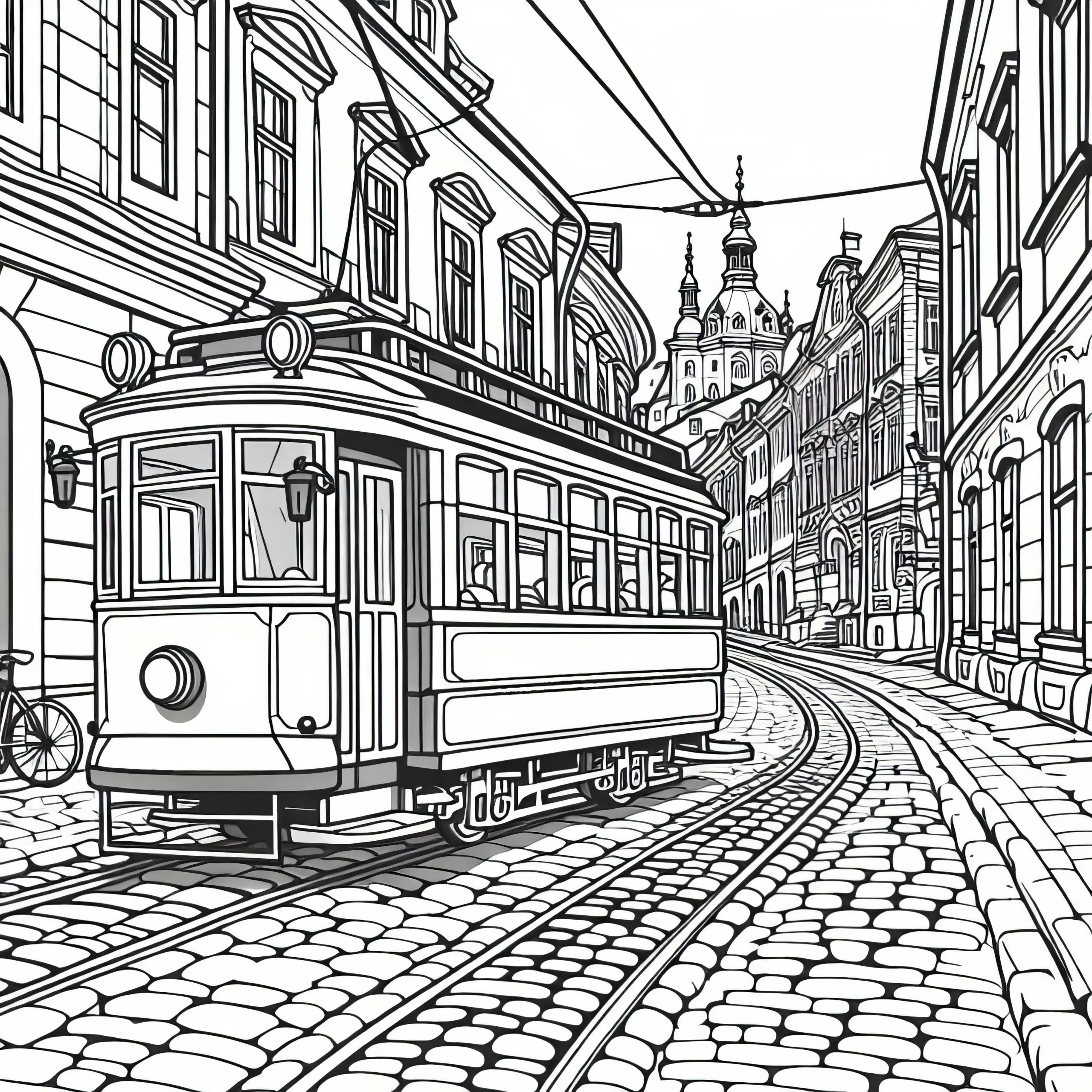 Alte Straßenbahn fährt durch enge Altstadtstraße mit Kopfsteinpflaster – Ausmalbild gratis
