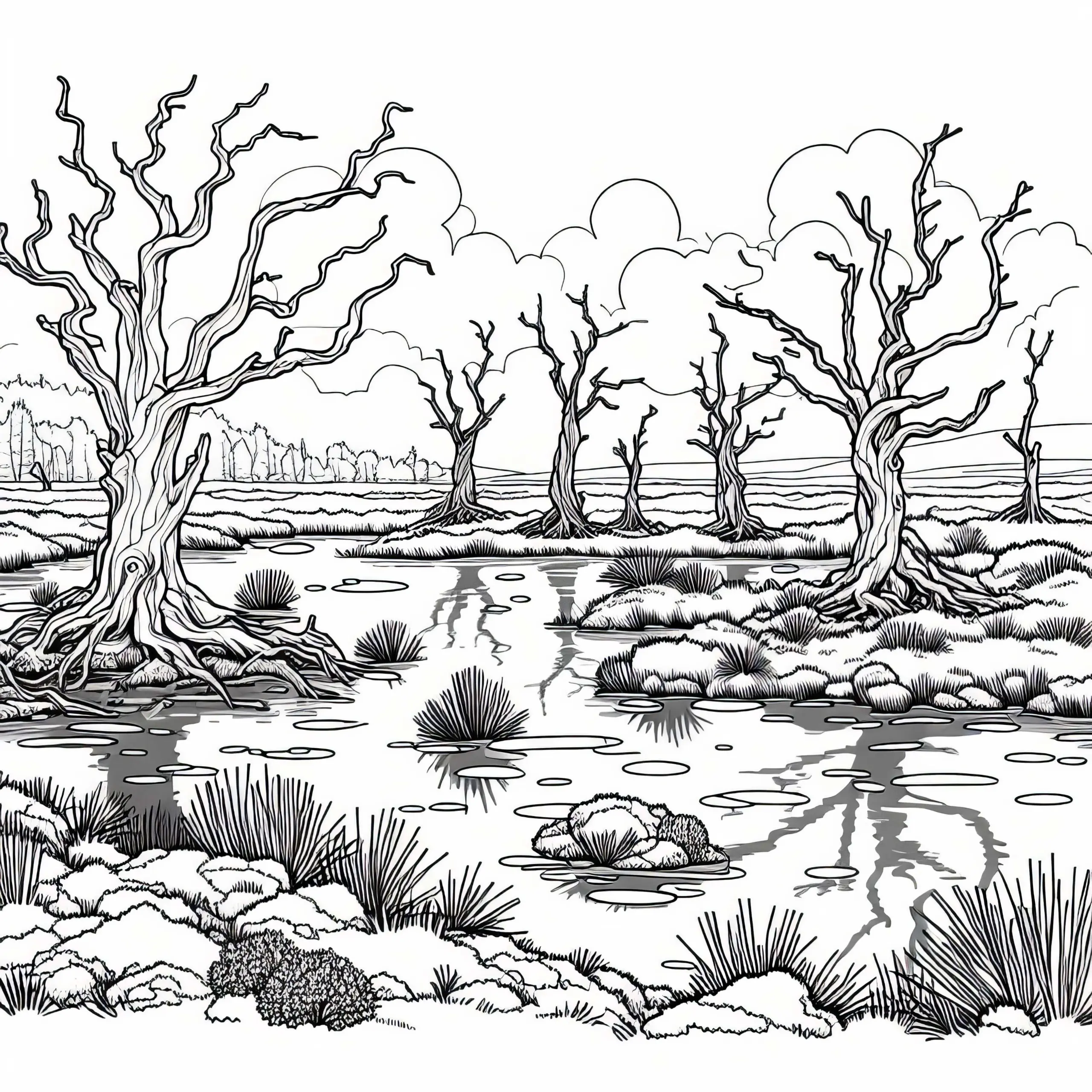Alte verdrehte Bäume stehen im Wasser eines Moors – Malvorlage gratis (Ausmalbild)