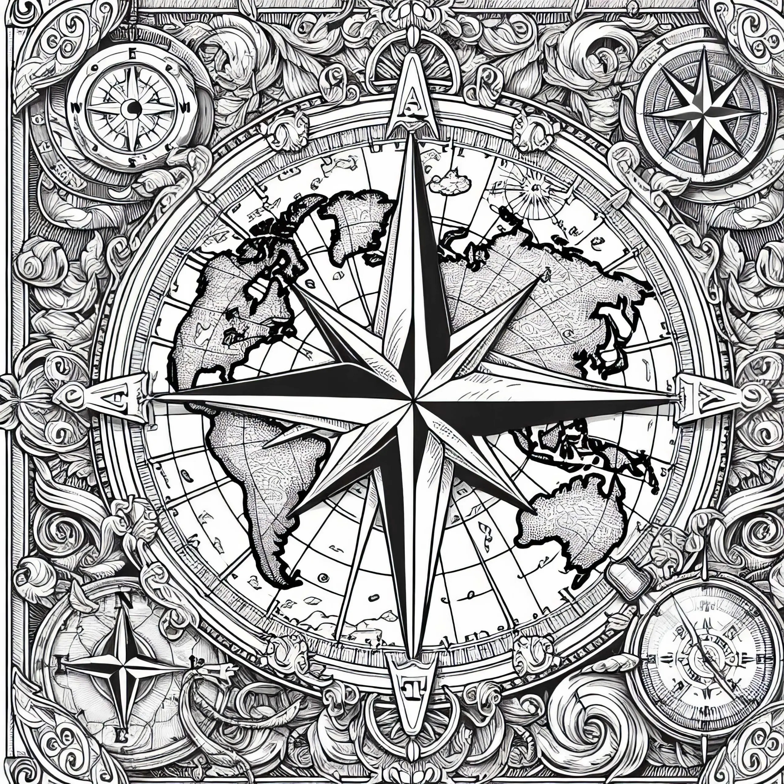 Alte Weltkarte mit Kompassrose als Ausmalbild für Erwachsene kostenlos