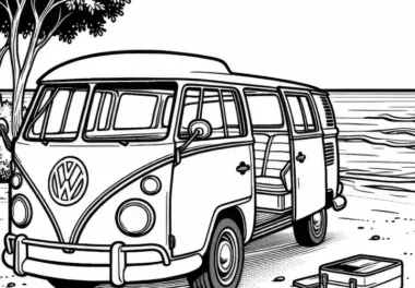 Alter Bus steht am Strand – Malvorlage gratis