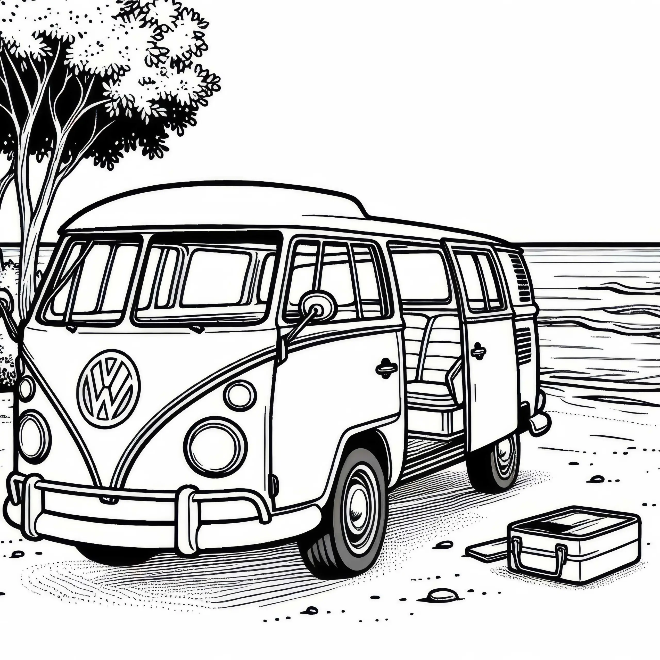Alter Bus steht am Strand – Malvorlage gratis (Ausmalbild)