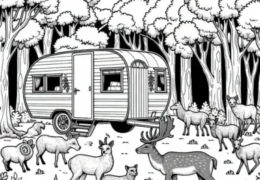 Alter Wohnwagen wird von Tieren im Wald neugierig umkreist – Ausmalbild kostenlos