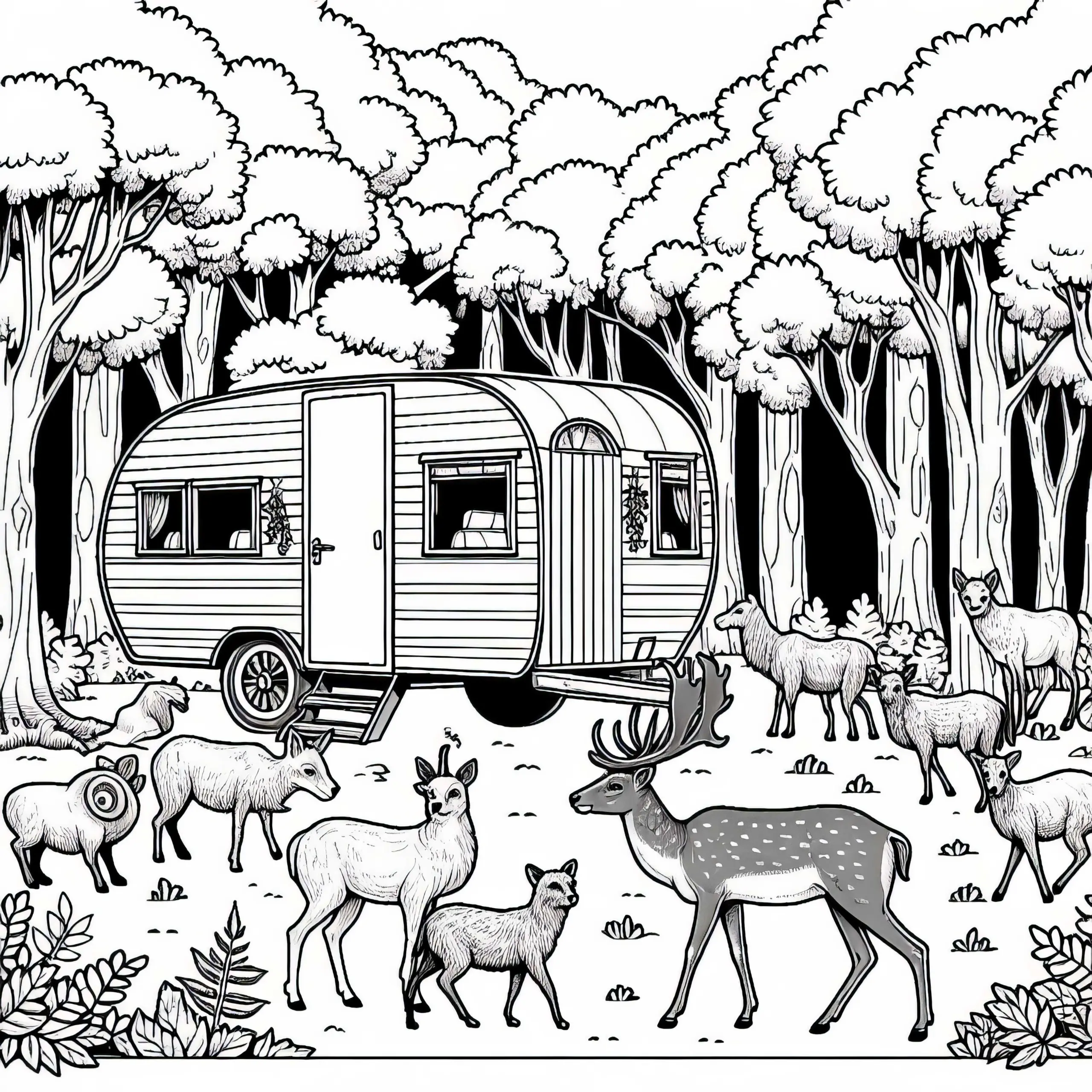 Alter Wohnwagen wird von Tieren im Wald neugierig umkreist – Ausmalbild kostenlos