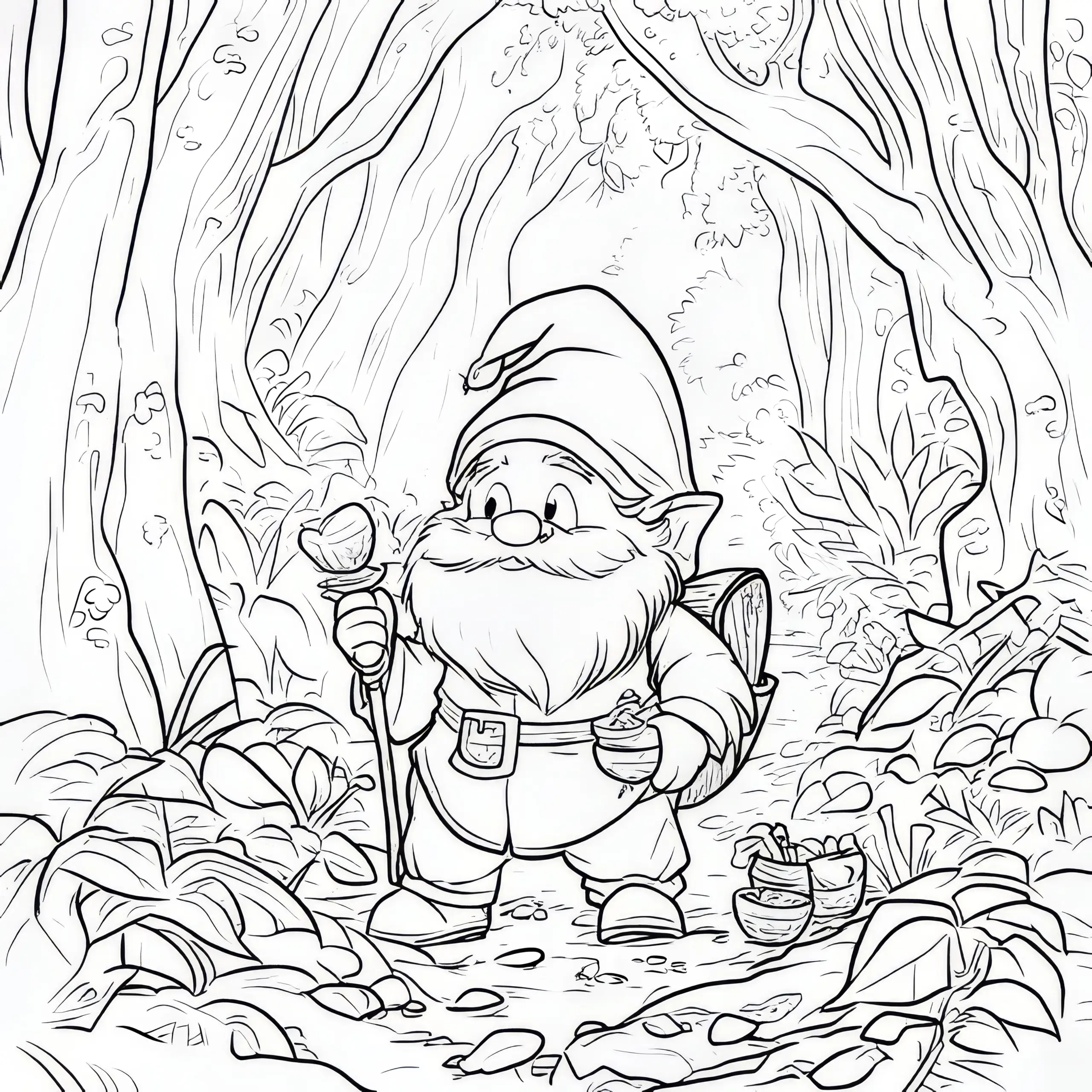Alter Zwerg im mystischen Wald: Ausmalbild zum Download (Gratis)