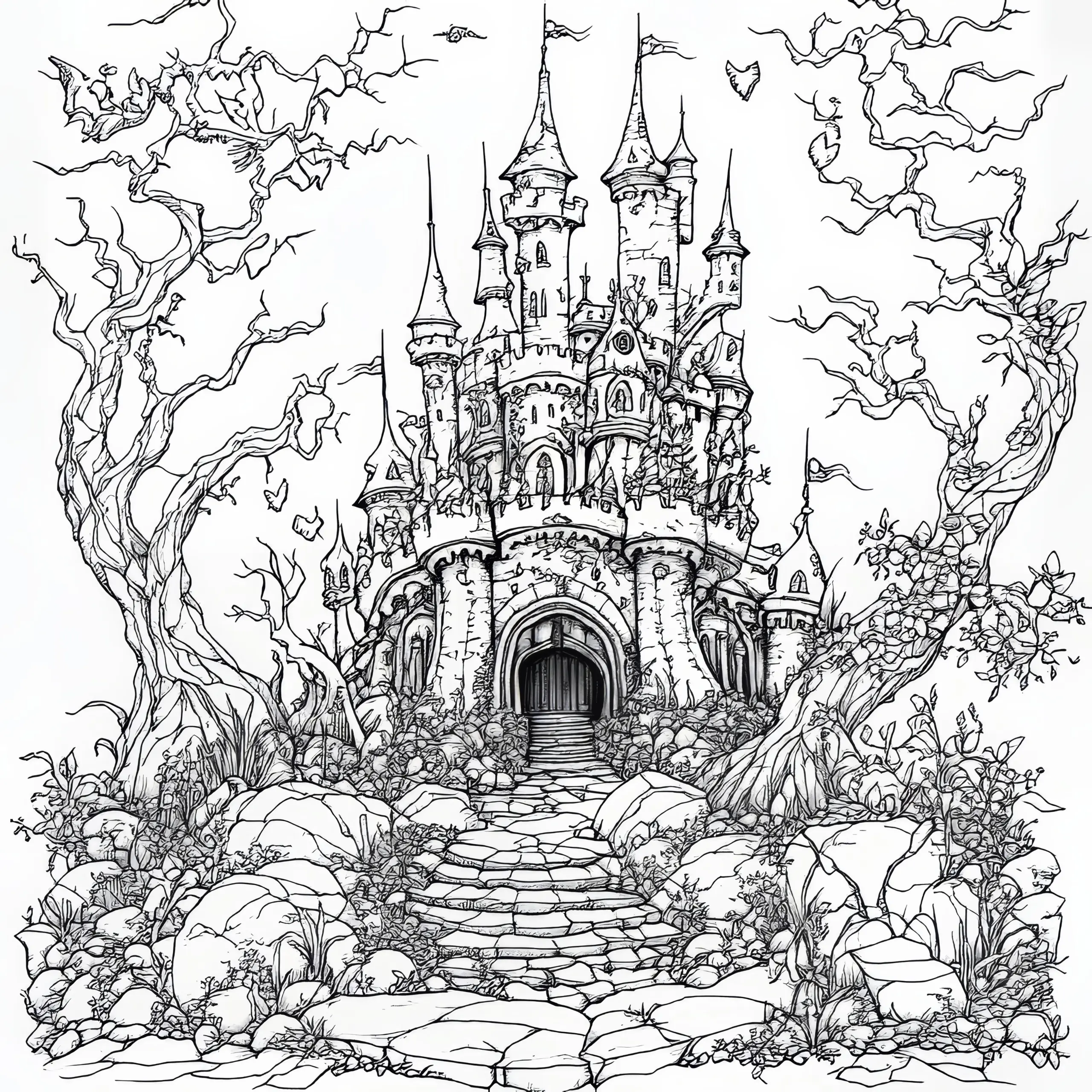 Altes mystisches Märchenschloss: Ausmalbild zum Download (Gratis)