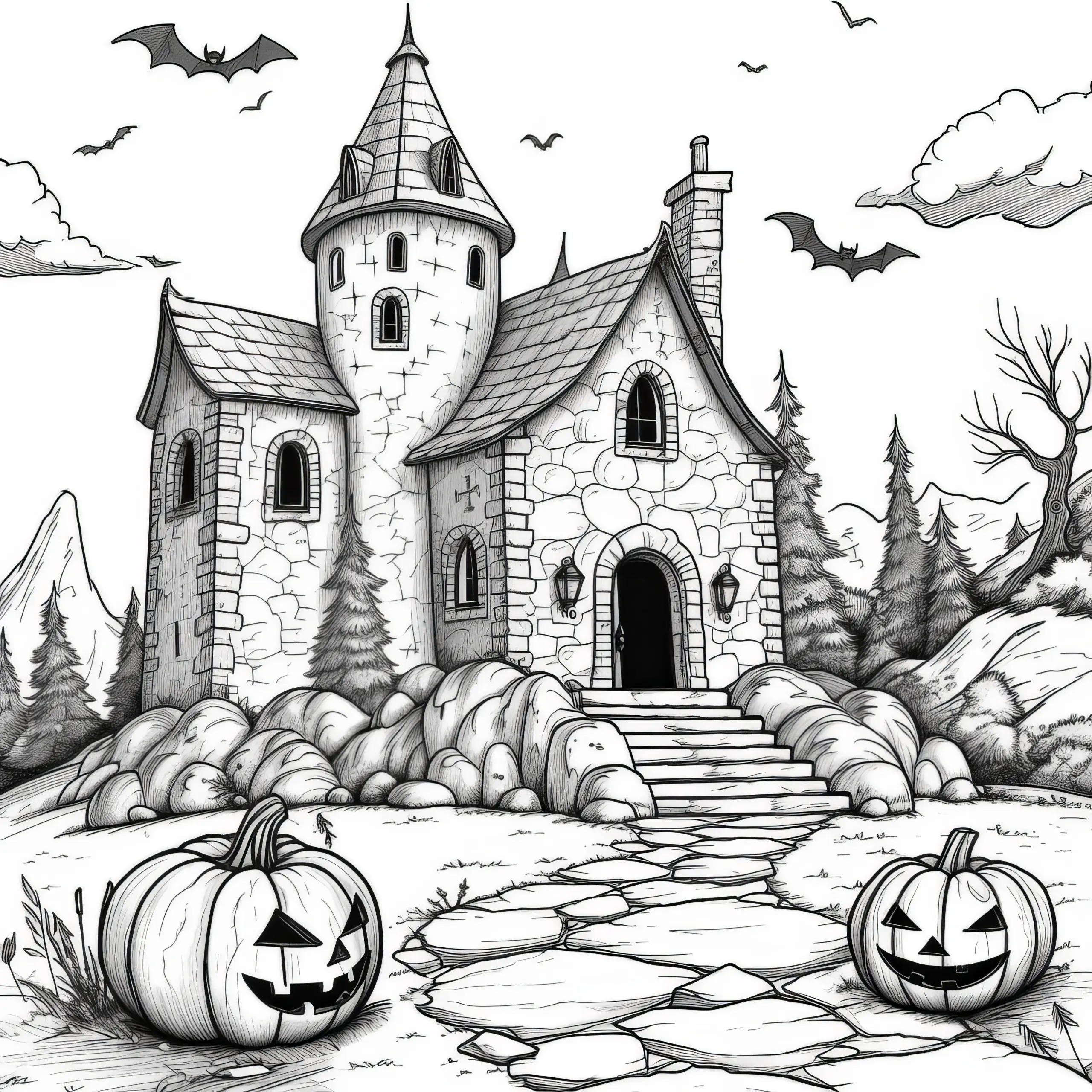 Altes Spukhaus mit Kürbissen: Halloween Malvorlage zum Download (Gratis) (Ausmalbild)