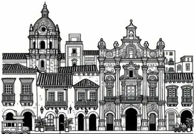 Ausmalbild der Altstadt von Cartagena, Kolumbien – Südamerika gratis herunterladen