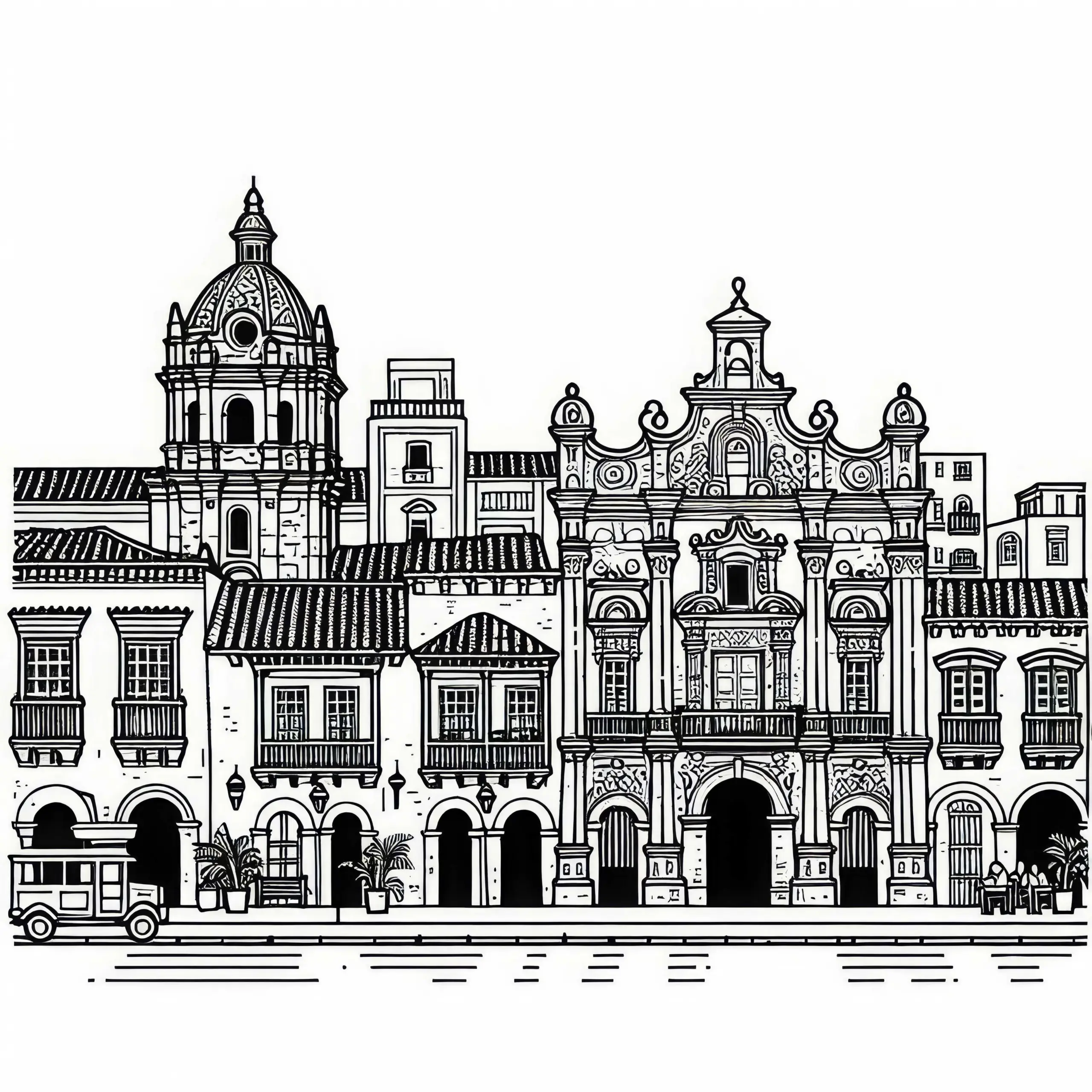 Ausmalbild der Altstadt von Cartagena, Kolumbien – Südamerika gratis herunterladen