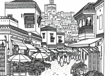 Altstadt von Marrakesch in Marokko mit Marktständen und Gassen – Malvorlage Afrika kostenlos