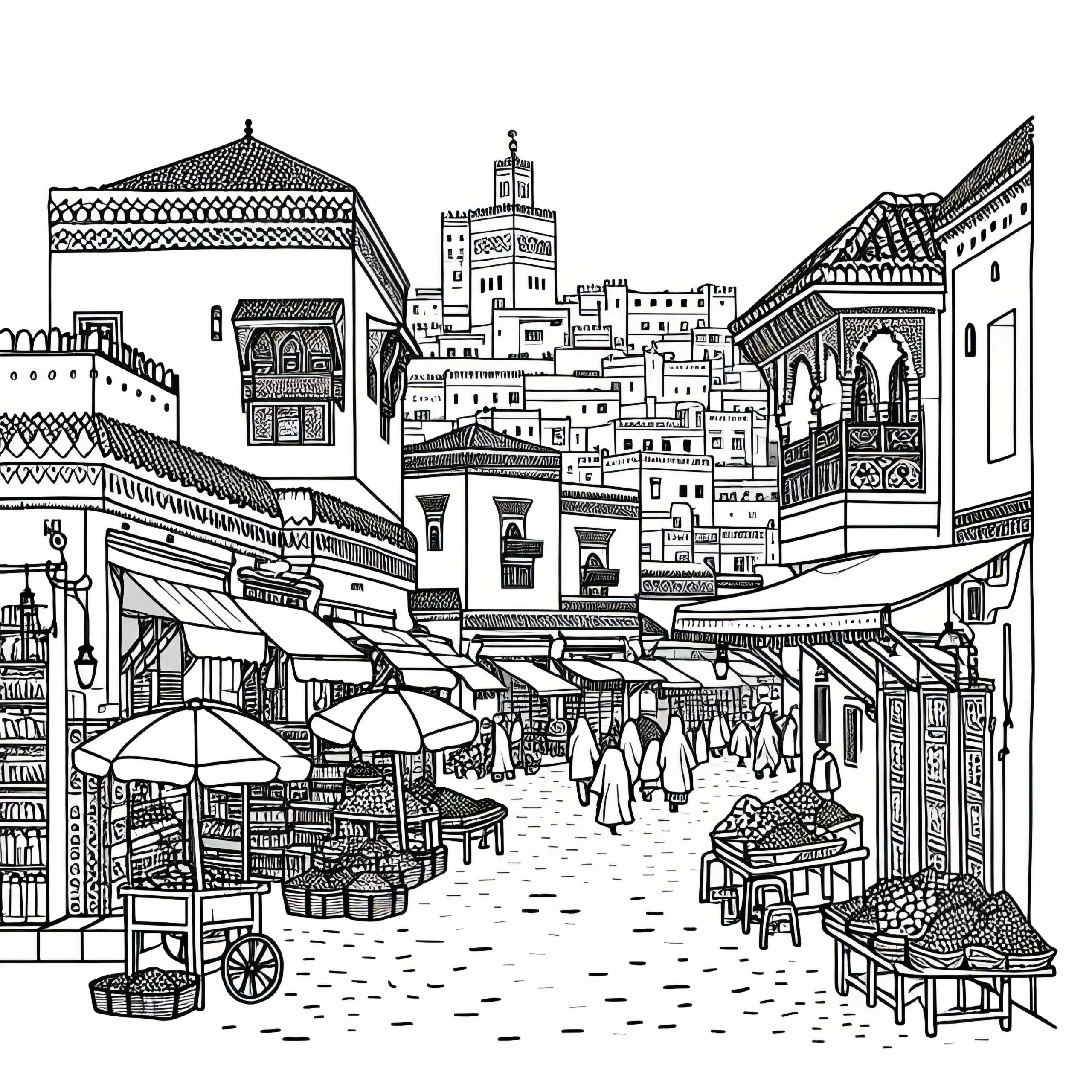 Altstadt von Marrakesch in Marokko mit Marktständen und Gassen – Malvorlage Afrika kostenlos (Ausmalbild)