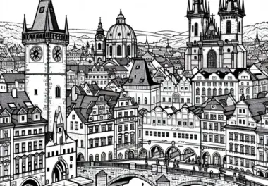 Altstadt von Prag, Tschechien, mit Brücke und Uhrturm – Ausmalbild Europa kostenlos