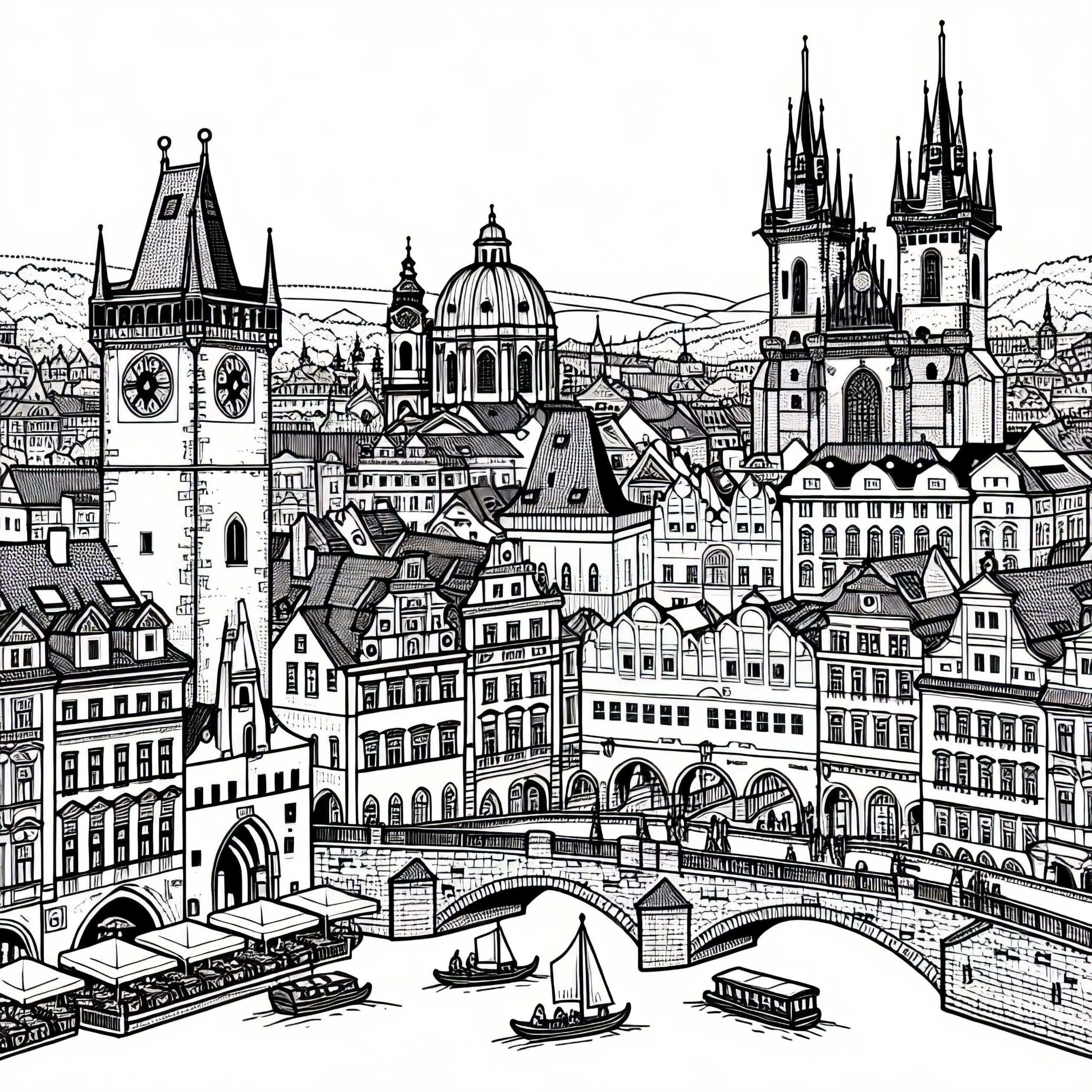 Altstadt von Prag, Tschechien, mit Brücke und Uhrturm – Ausmalbild Europa kostenlos