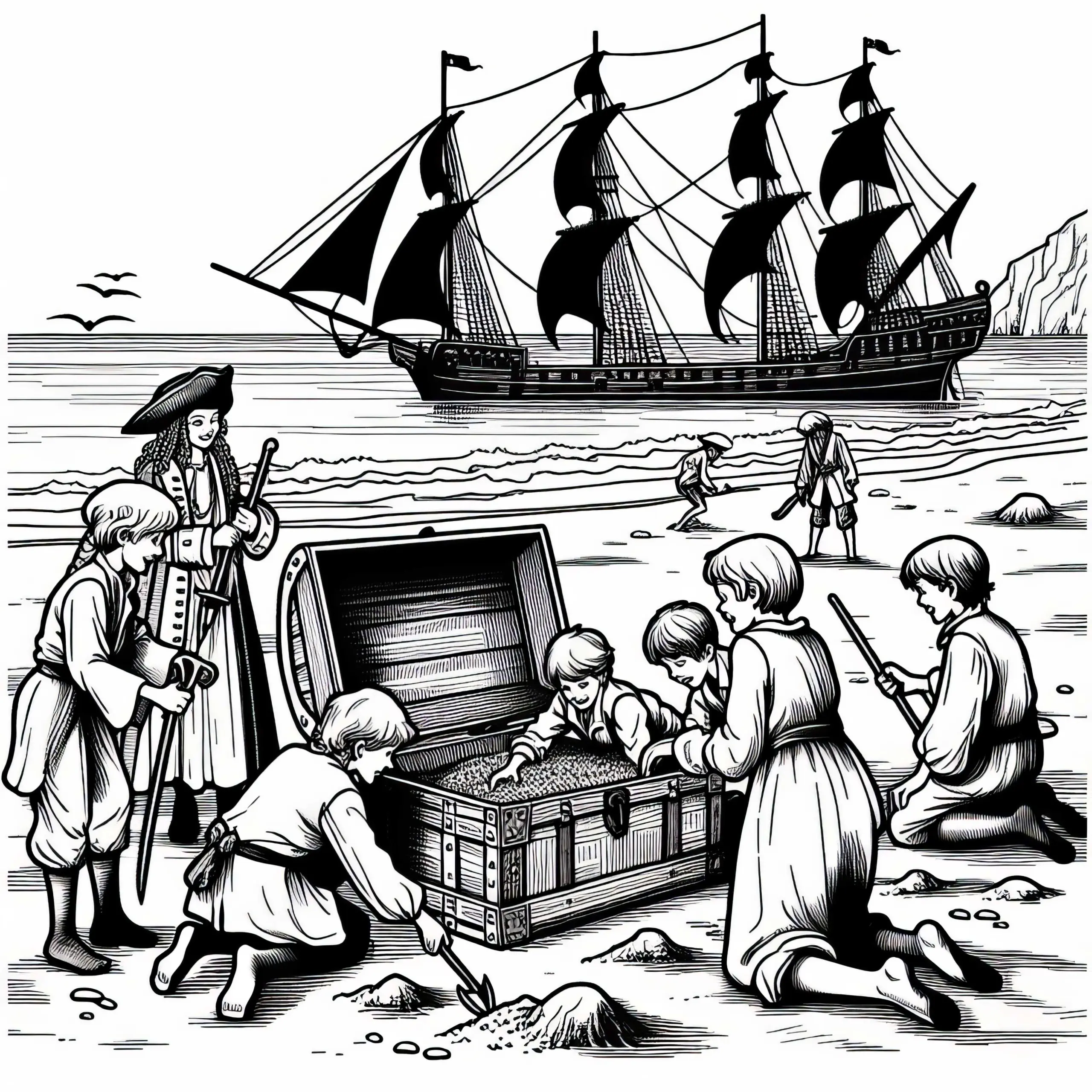 Am Strand: Kinder mit Schatztruhe – Malvorlage für Piraten kostenlos (Ausmalbild)