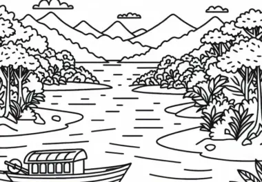 Amazonas mit Boot, Fluss und Dschungel – Ausmalbild Südamerika gratis