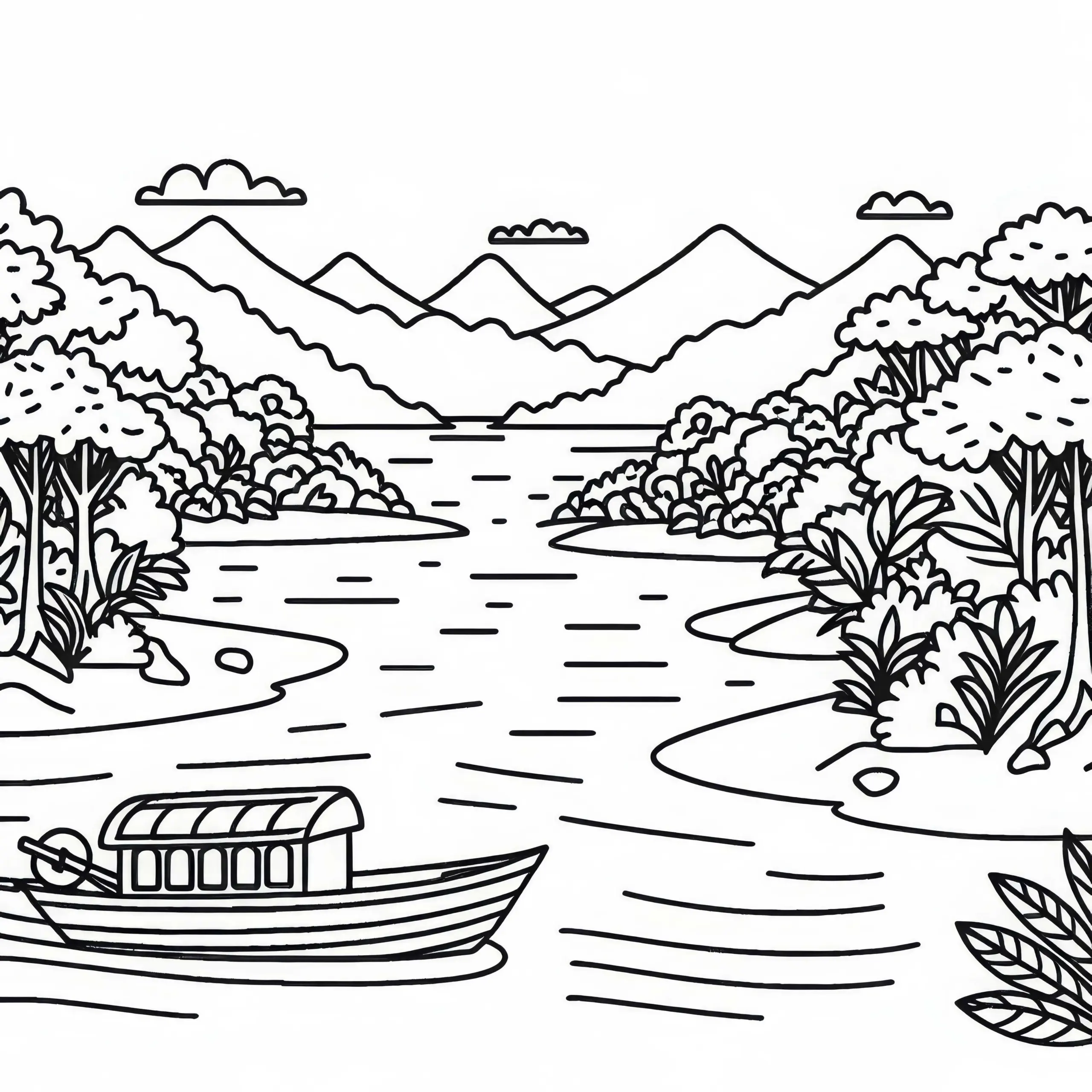 Amazonas mit Boot, Fluss und Dschungel – Ausmalbild Südamerika gratis