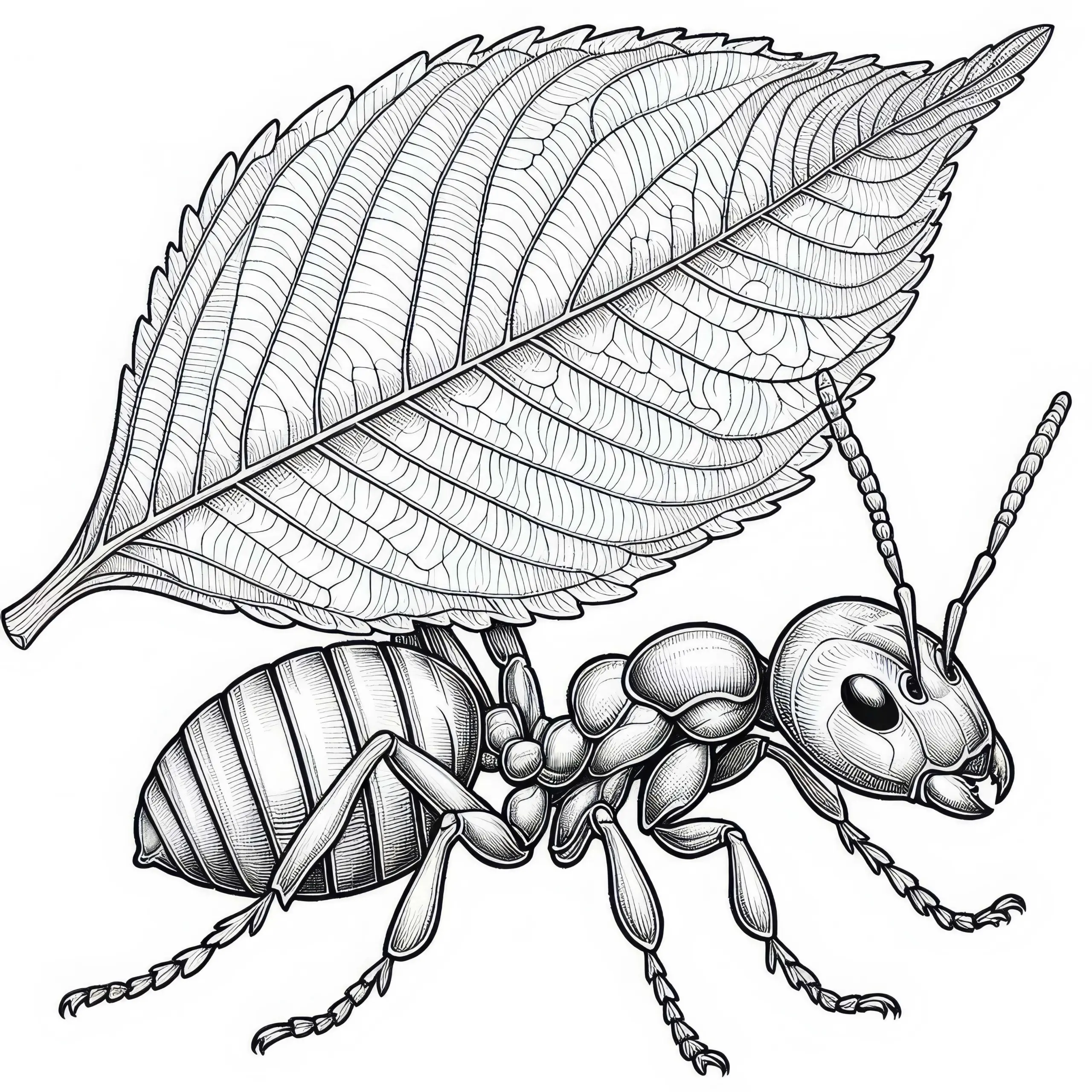 Ameise trägt Blatt über Kopf: Malvorlage zum Download (Gratis) (Ausmalbild)