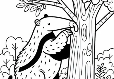 Ameisenbär klettert auf Baum – Ausmalbild einfach kostenlos