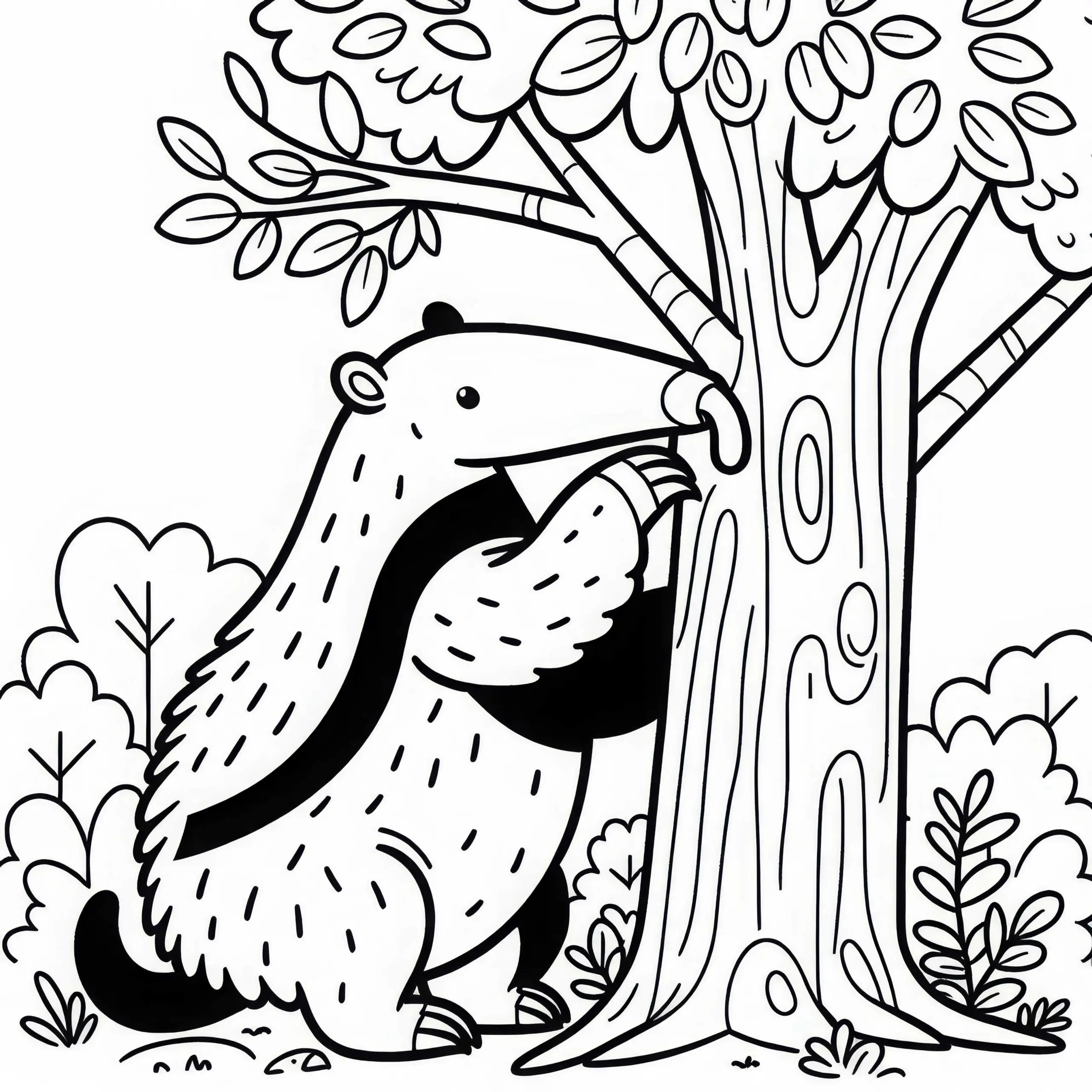 Ameisenbär klettert auf Baum – Ausmalbild einfach kostenlos
