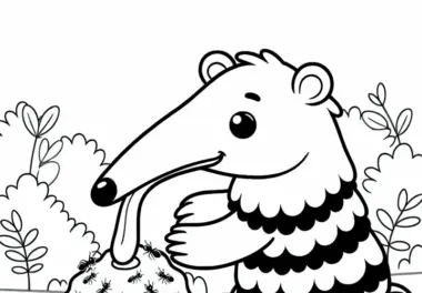 Ameisenbär steckt lange Zunge in Ameisenhaufen – Ausmalbild einfach gratis