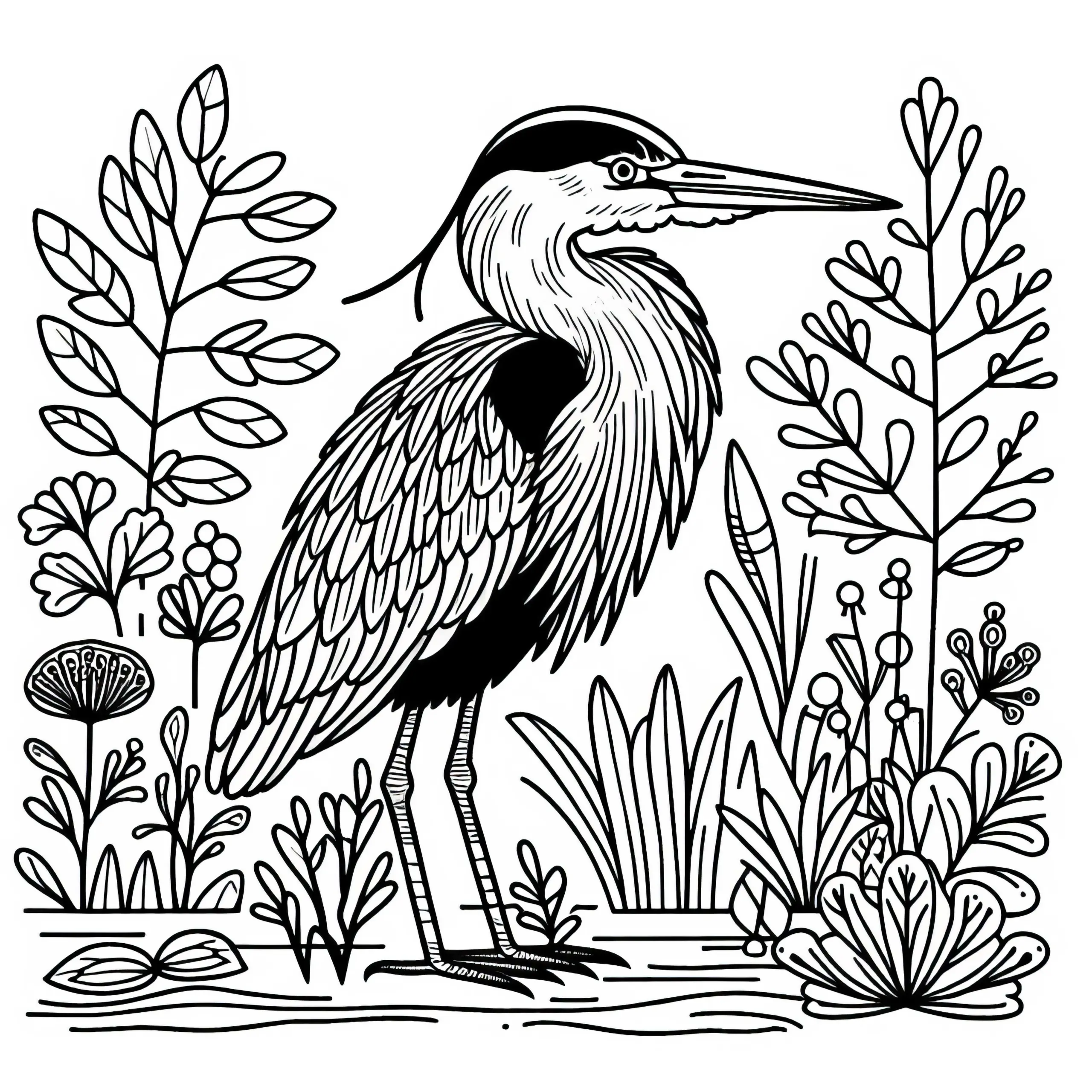 Amerikanischer Reiher: Ausmalbild eines Great Blue Heron aus Nordamerika kostenlos herunterladen