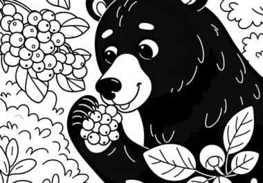 Amerikanischer Schwarzbär frisst Beeren vom Busch – Ausmalbild einfach kostenlos