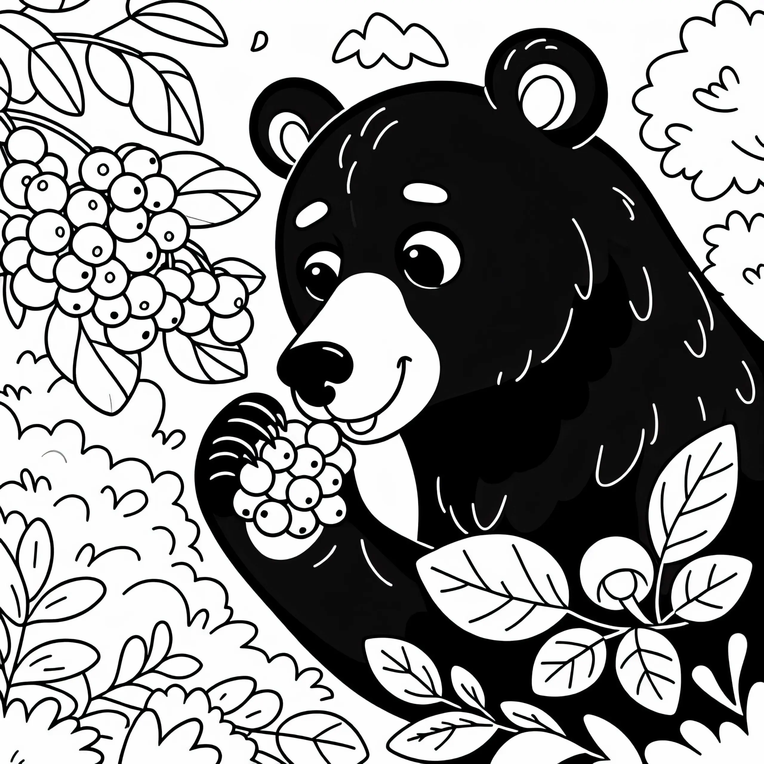 Amerikanischer Schwarzbär frisst Beeren vom Busch – Ausmalbild einfach kostenlos