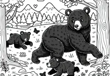 Amerikanischer Schwarzbär spielt mit Jungen auf Lichtung – Malvorlage kostenlos