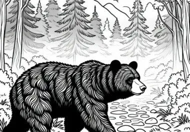 Amerikanischer Schwarzbär trottet durch nebligen Wald – Ausmalbild kostenlos