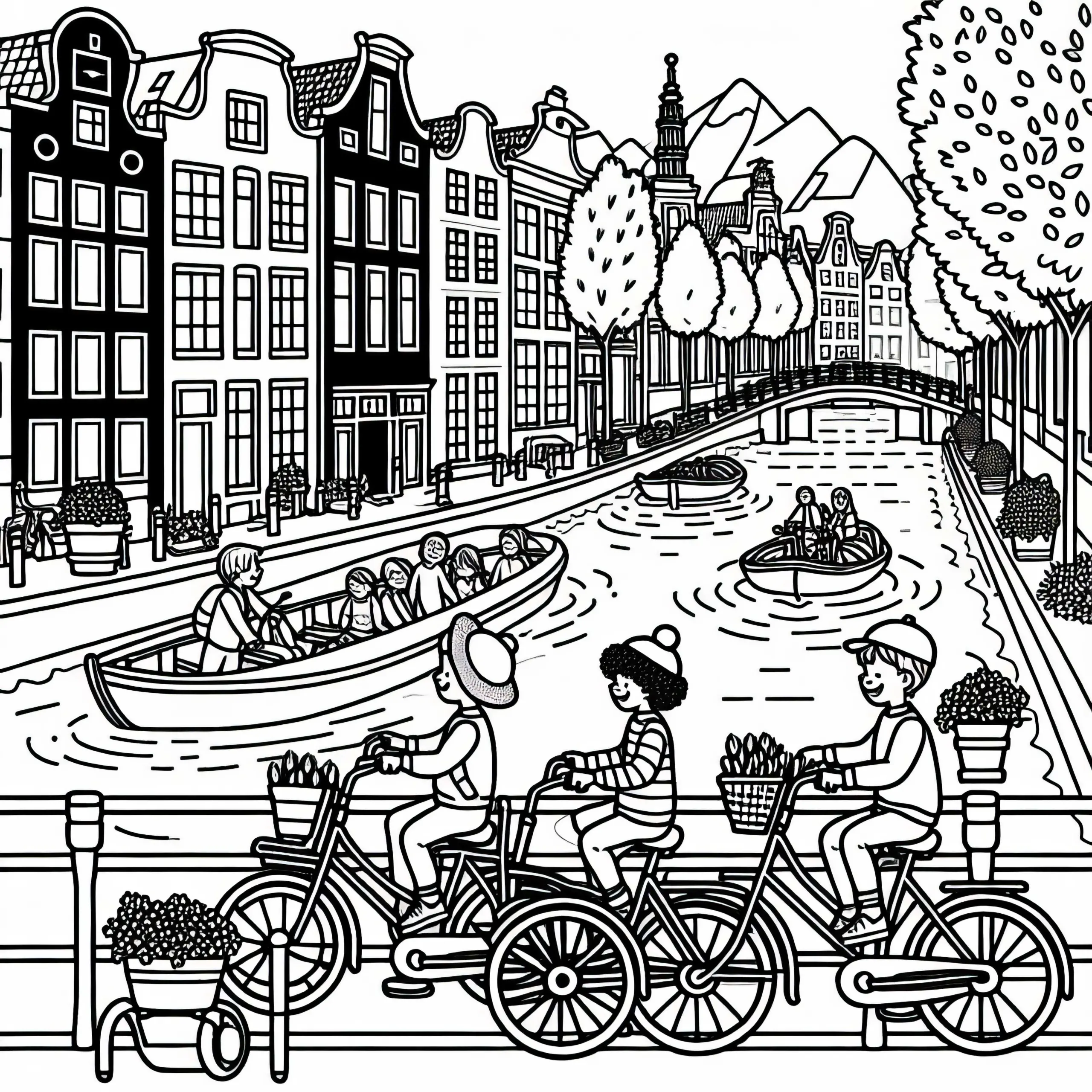 Kinder auf Fahrrädern fahren entlang der Grachten in Amsterdam – Ausmalbild kostenlos