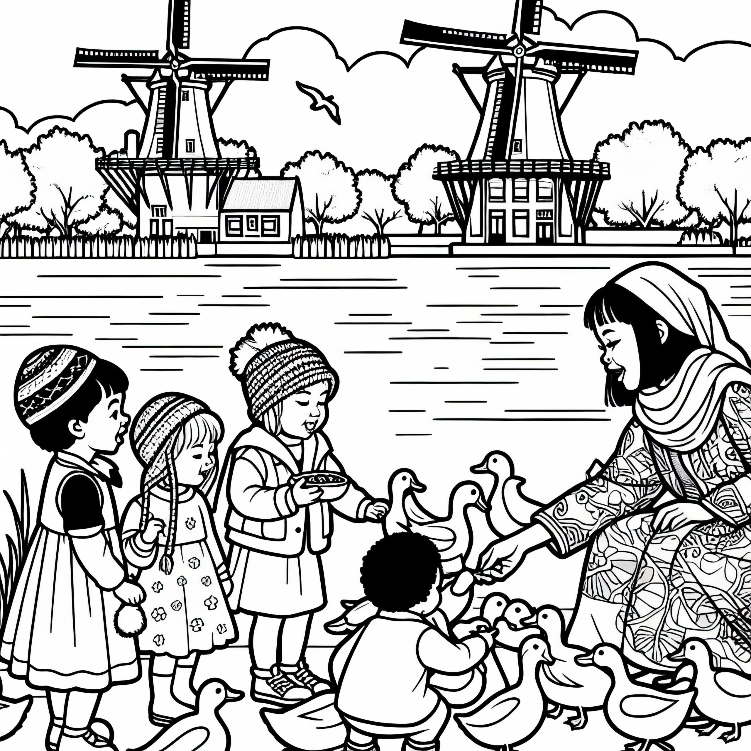 Amsterdam: Kinder füttern Enten im Park mit Blick auf Windmühlen – Malvorlage kostenlos (Ausmalbild)