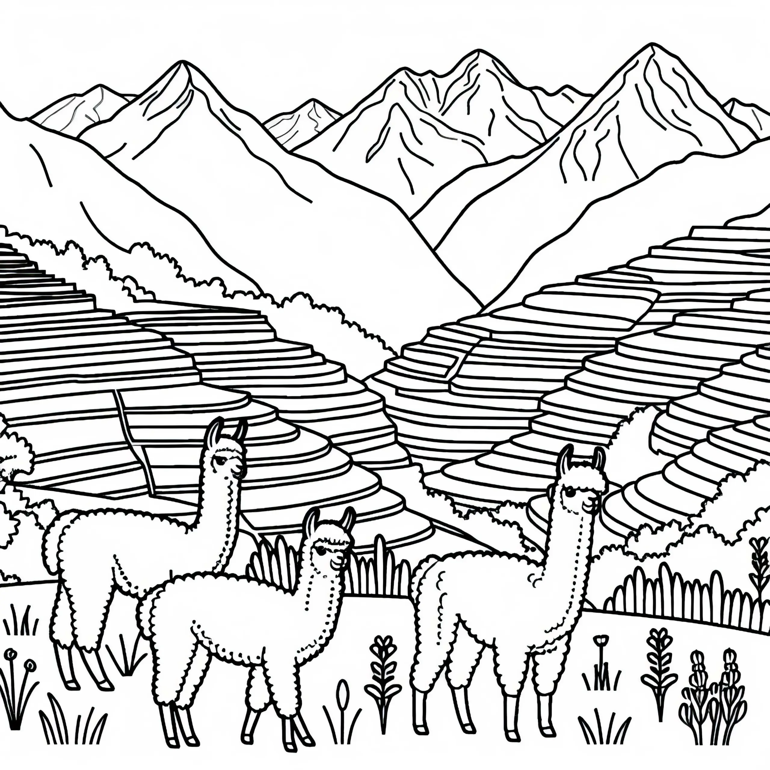 Andenlandschaft mit Alpakas und Terrassenfeldern – Ausmalbild Südamerika kostenlos