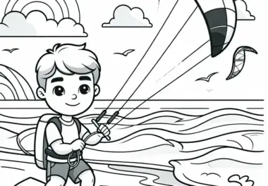 Anfänger hält Kite am Strand und lernt Steuerung – Malvorlage einfach gratis