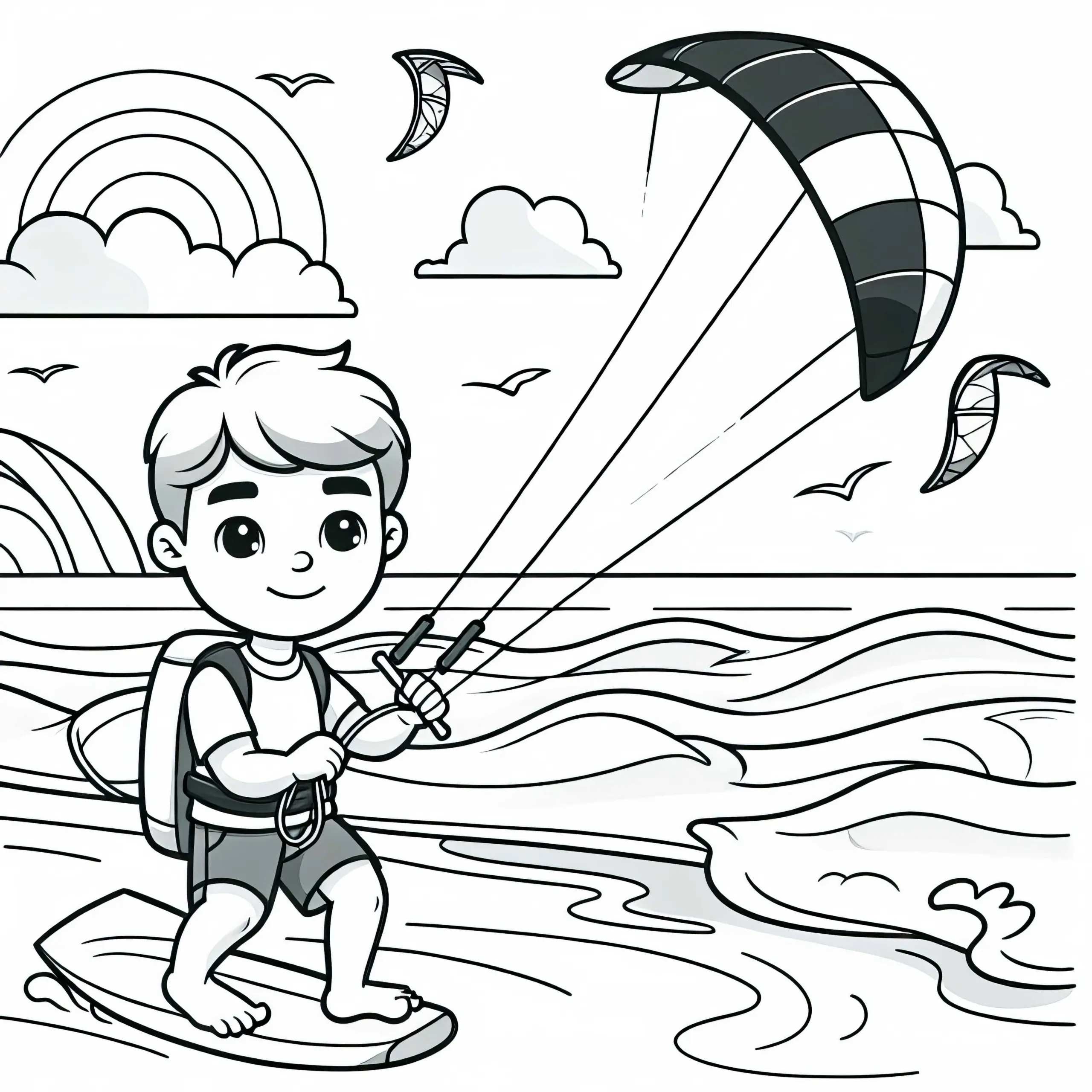 Anfänger hält Kite am Strand und lernt Steuerung – Malvorlage einfach gratis (Ausmalbild)