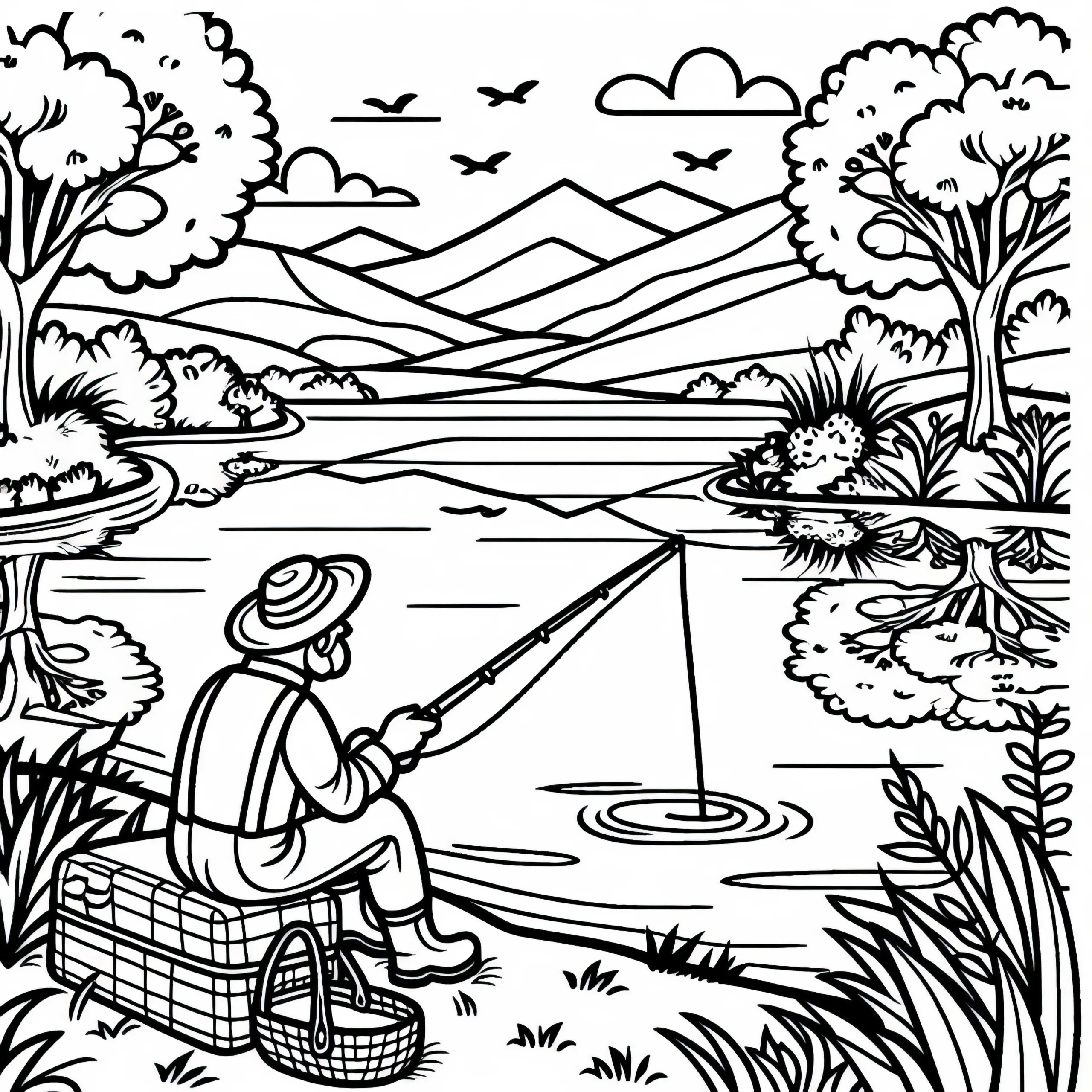 Angler sitzt mit Rute am Ufer einer Flusslandschaft – Malvorlage gratis (Ausmalbild)