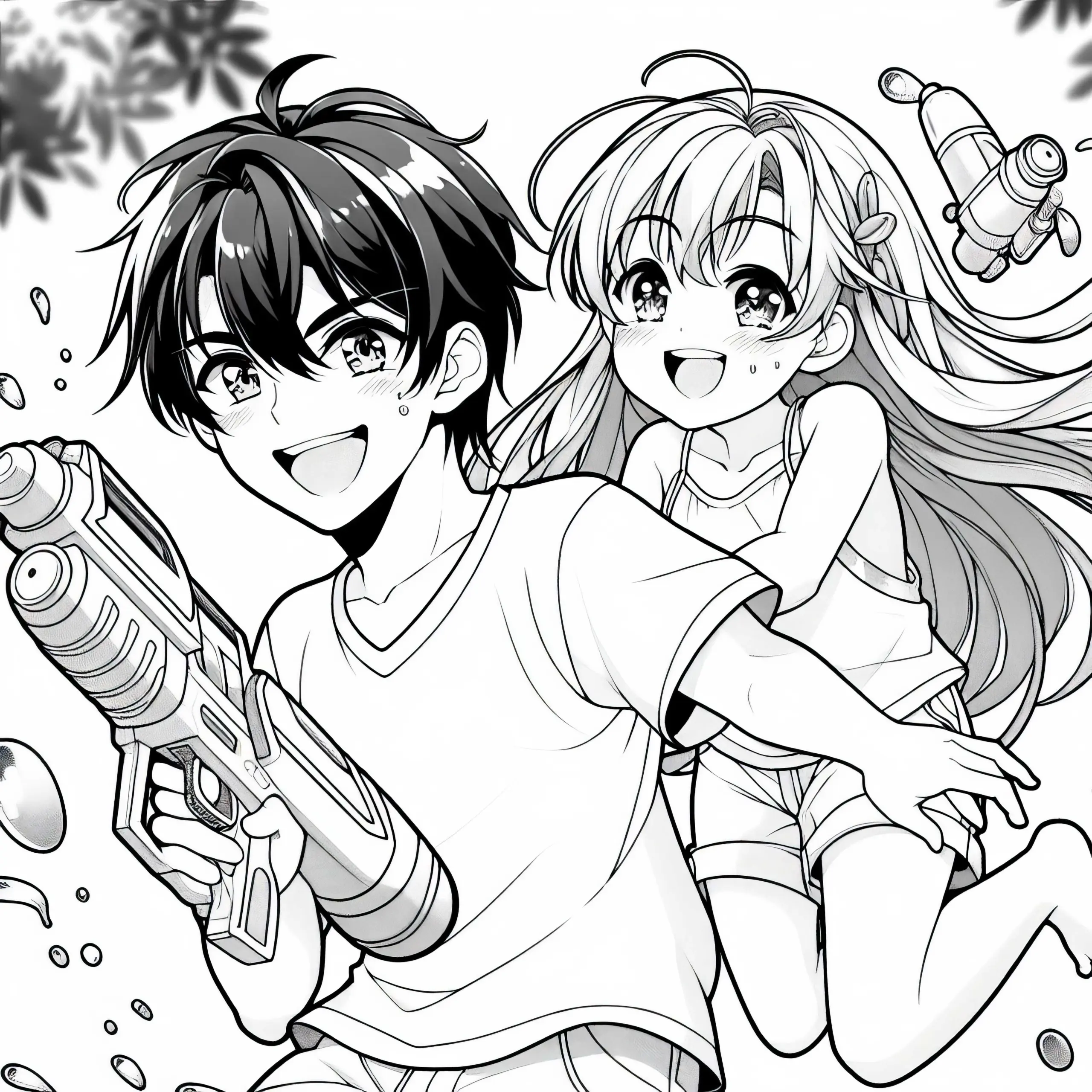 Anime-Geschwister Spielen Fröhlich Mit Wasserpistolen Im Garten – Malvorlage Gratis (Ausmalbild)