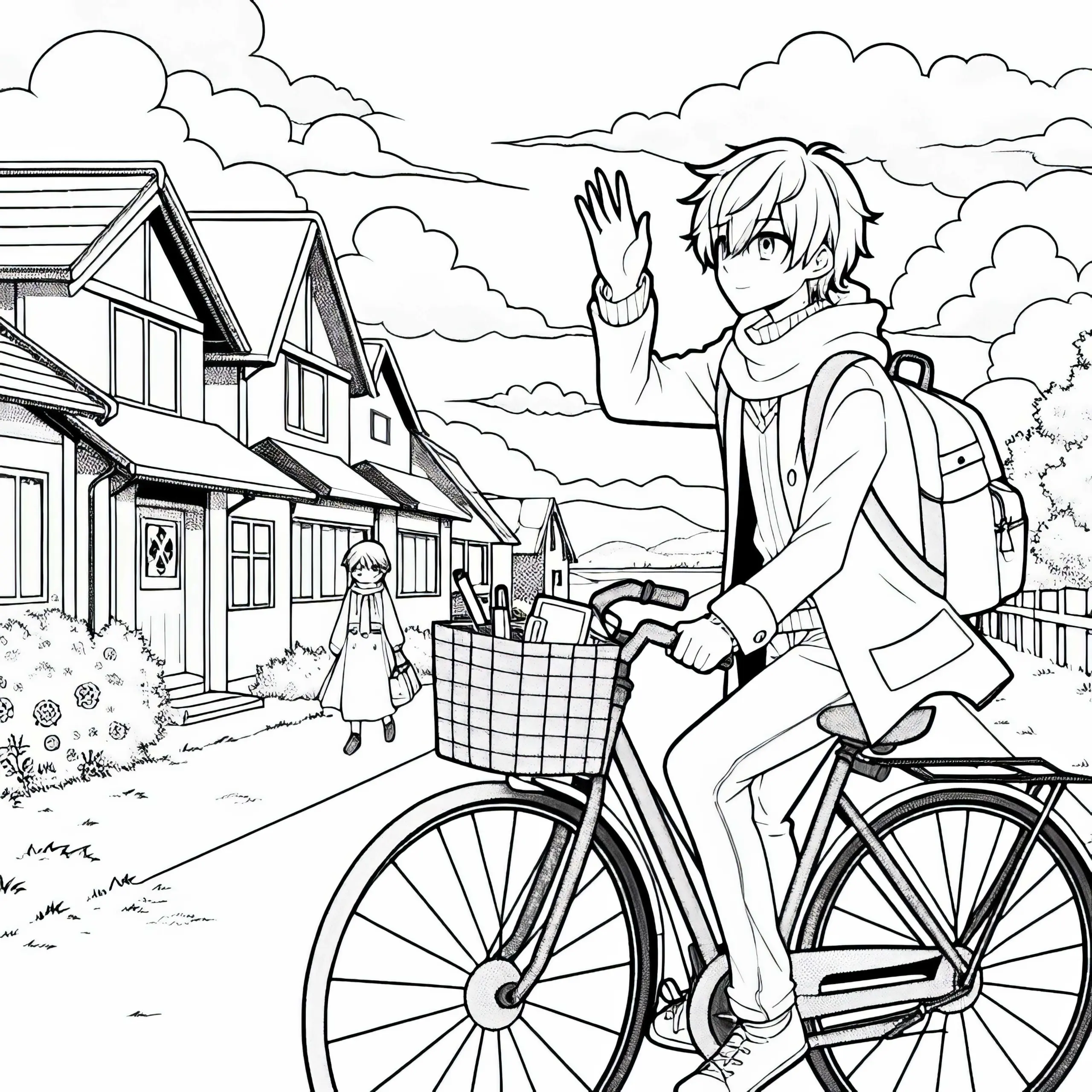 Anime Junge auf Fahrrad winkt Freunden zu während er durch ruhige Kleinstadt fährt – Ausmalbild gratis