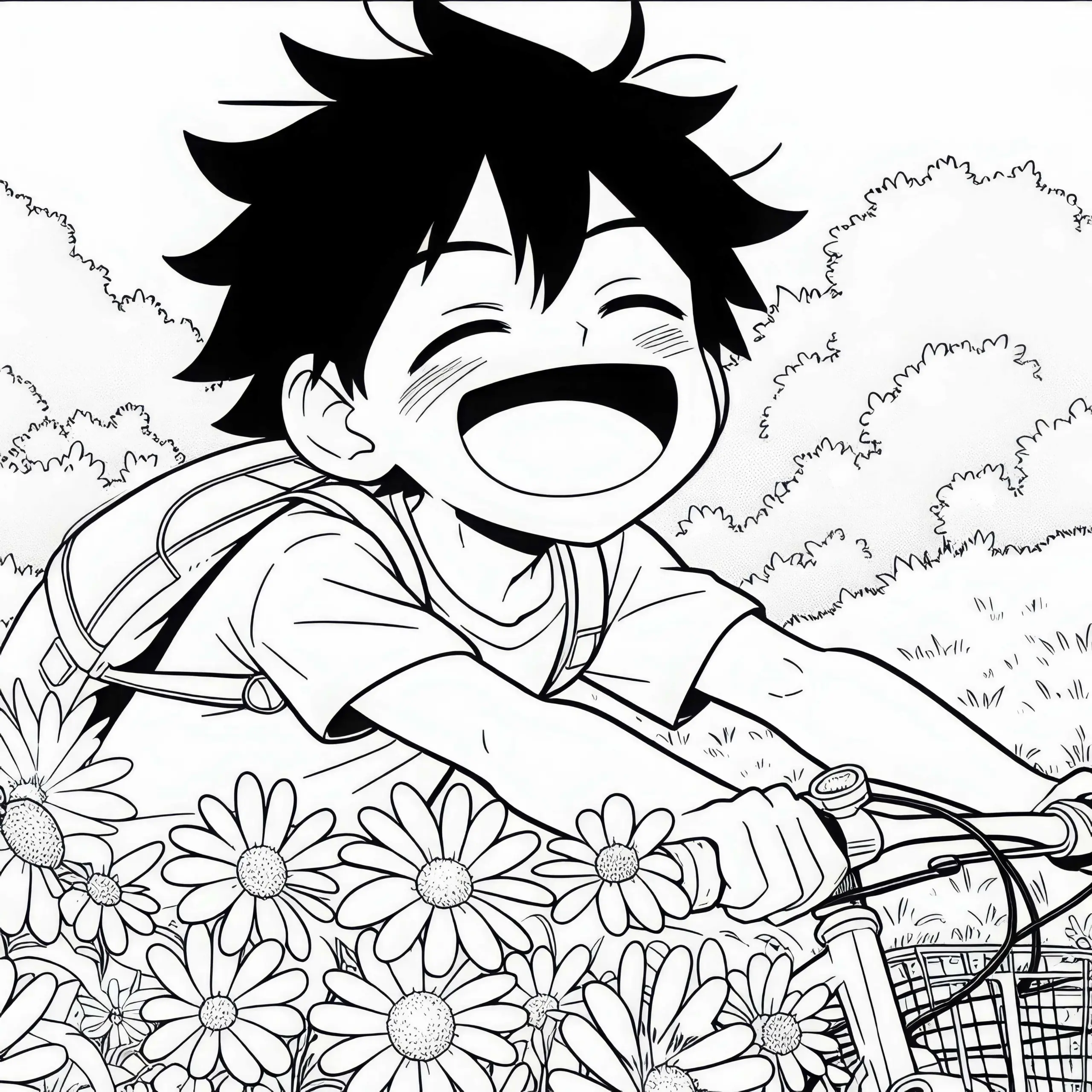 Anime Junge fährt glücklich Fahrrad durch ein Blumenfeld – Malvorlage gratis (Ausmalbild)